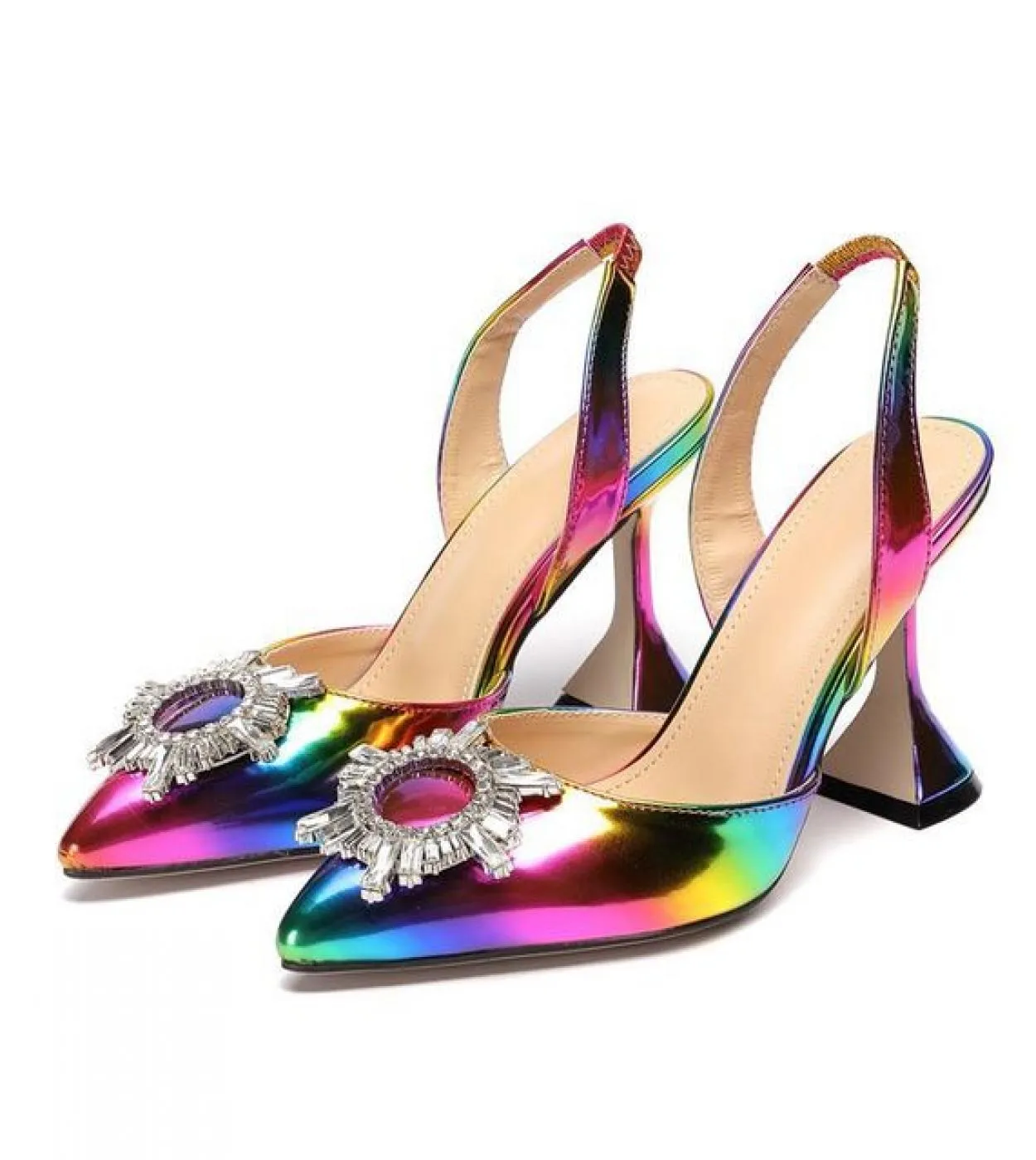 2022 Nuova Estate di Modo Delle Donne Tacco Alto Sandali Punta a punta Strass Girasole Scarpe A Punta Partito Romano Bling Tacch