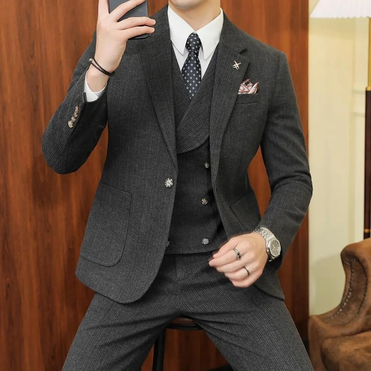 2023 moda nuovi uomini blazer boutique business plaid di lana a righe abito da sposa host 3 pezzi giacca cappotto gilet pantalon