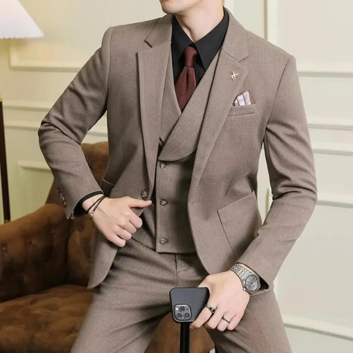 2023 moda nuovi uomini blazer boutique business plaid di lana a righe abito da sposa host 3 pezzi giacca cappotto gilet pantalon