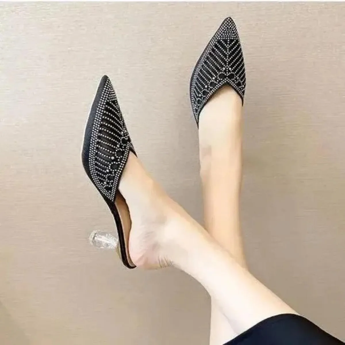 2024 nuove mezze pantofole con punta a diamante in rete moda donna scarpe da donna sandali con tacco alto in cristallo a punta