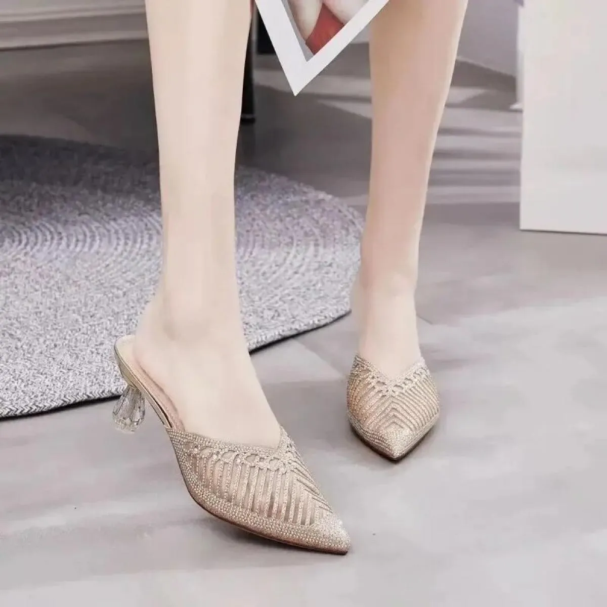 2024 nuove mezze pantofole con punta a diamante in rete moda donna scarpe da donna sandali con tacco alto in cristallo a punta