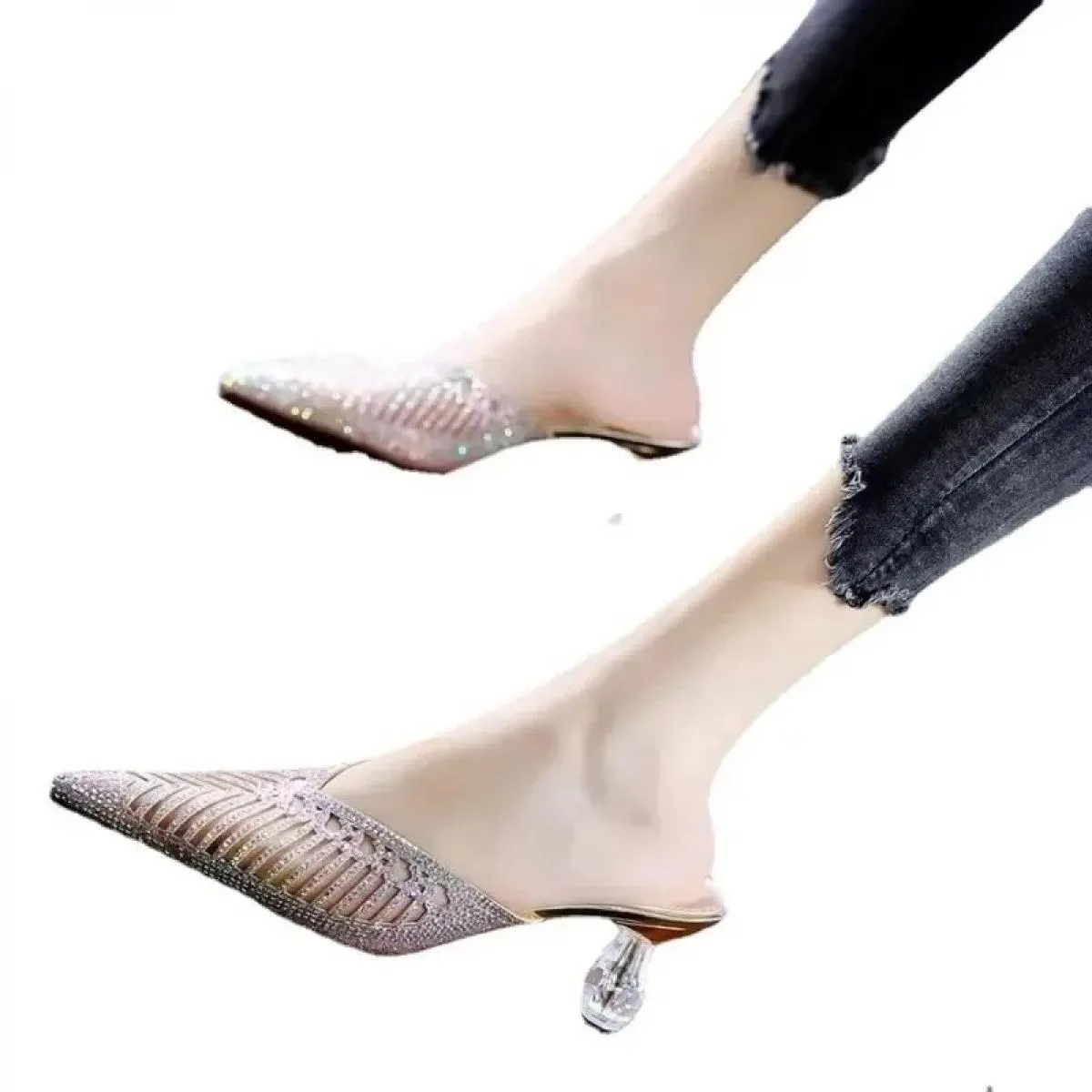 2024 nuove mezze pantofole con punta a diamante in rete moda donna scarpe da donna sandali con tacco alto in cristallo a punta