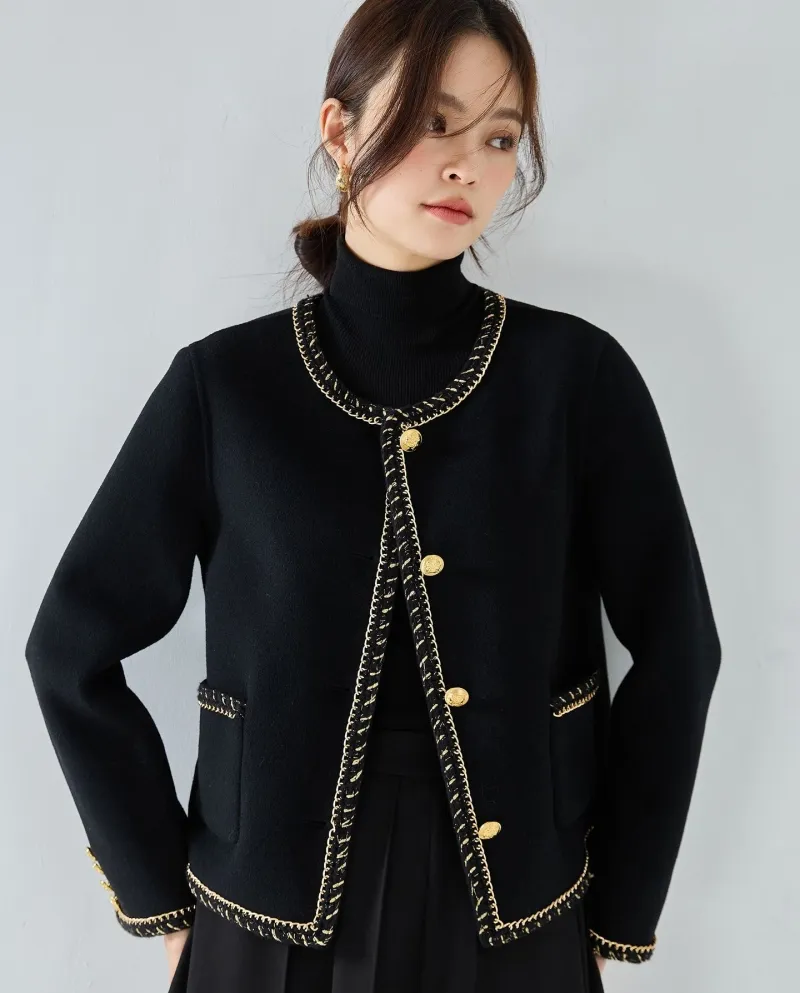 23 Cappotto corto con scollo rotondo in lana nera a doppia faccia in lana intrecciata per l'industria pesante invernale