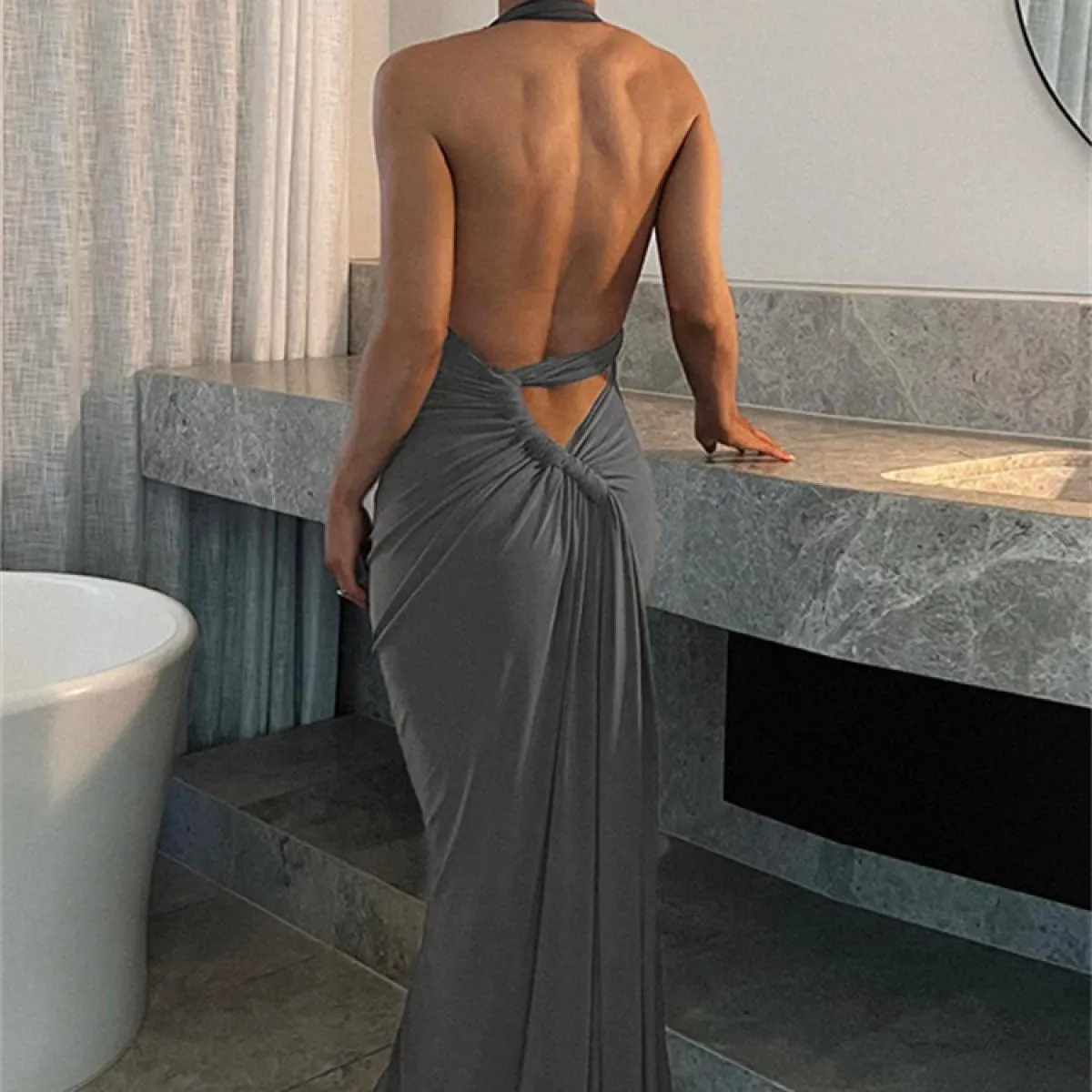 Abito lungo con coulisse a pieghe senza schienale Abito femminile solido elegante senza maniche Abito da festa alla moda S