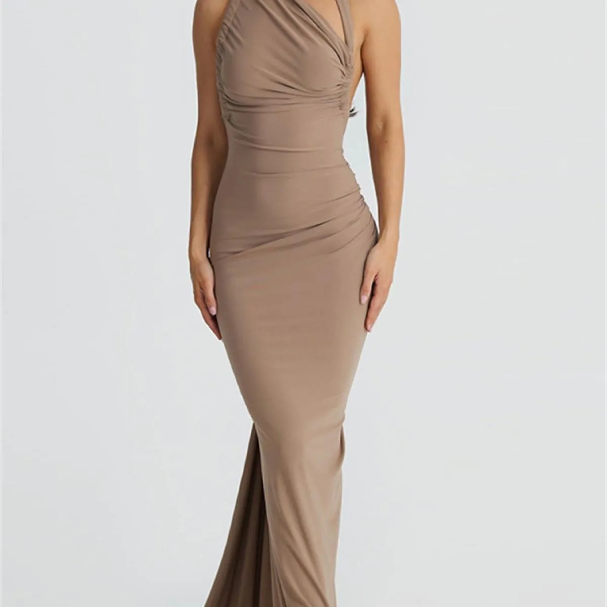 Abito lungo con coulisse a pieghe senza schienale Abito femminile solido elegante senza maniche Abito da festa alla moda S