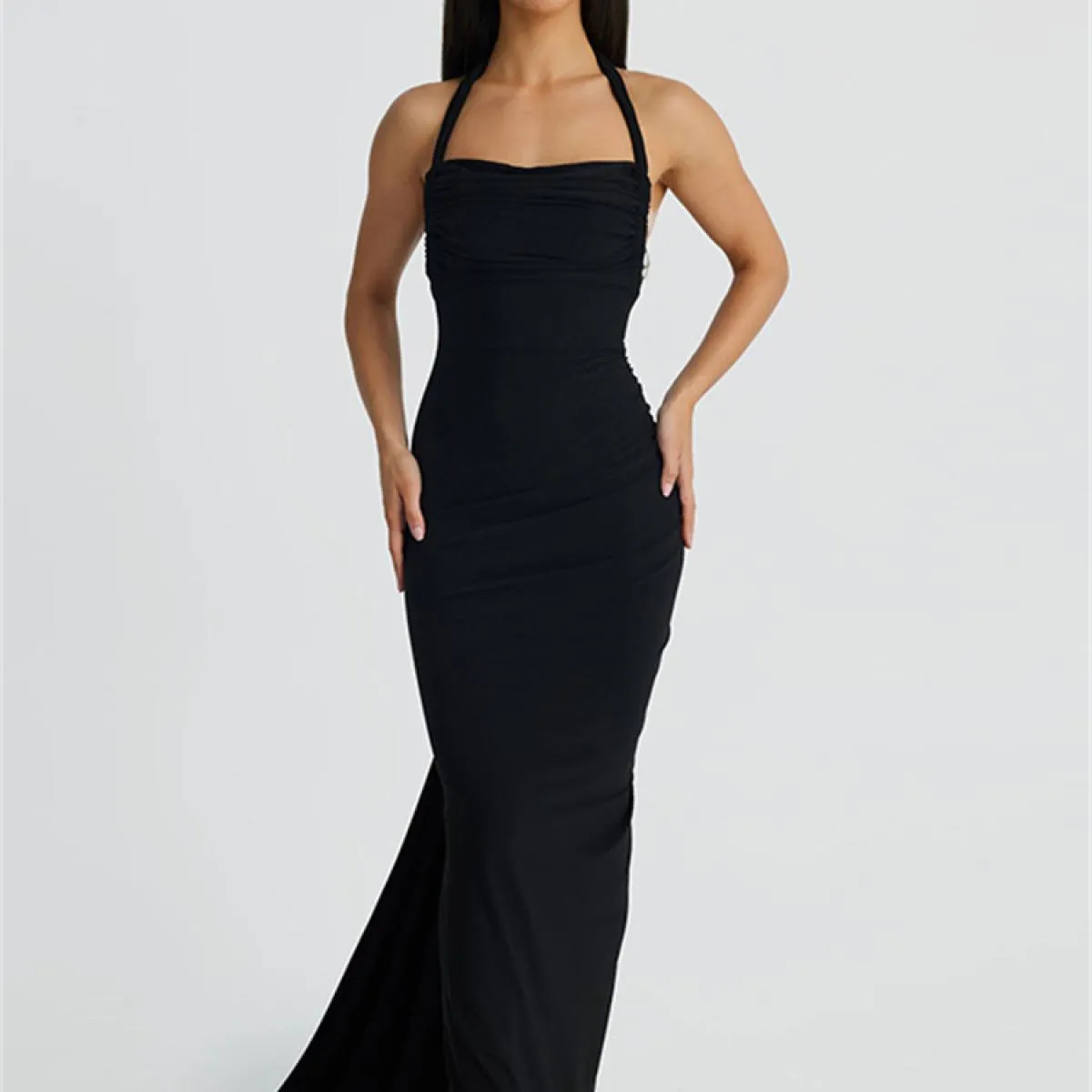 Abito lungo con coulisse a pieghe senza schienale Abito femminile solido elegante senza maniche Abito da festa alla moda S