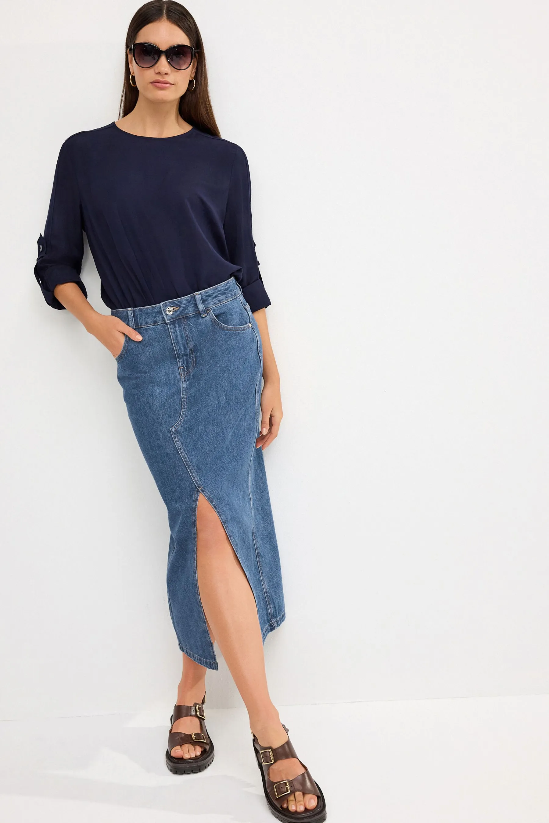 Blu medio  - Gonna midi Denim con spacco frontale