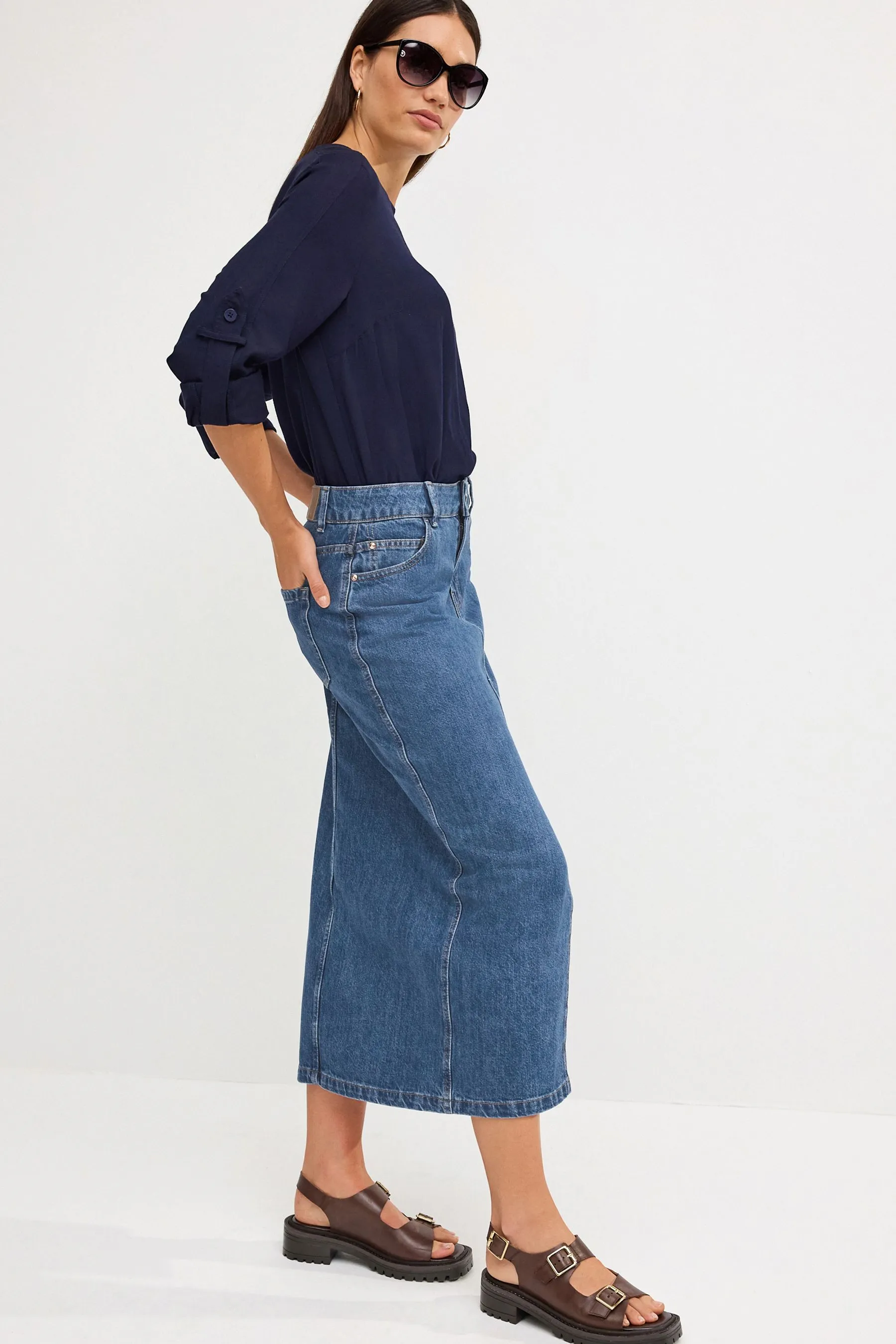 Blu medio  - Gonna midi Denim con spacco frontale