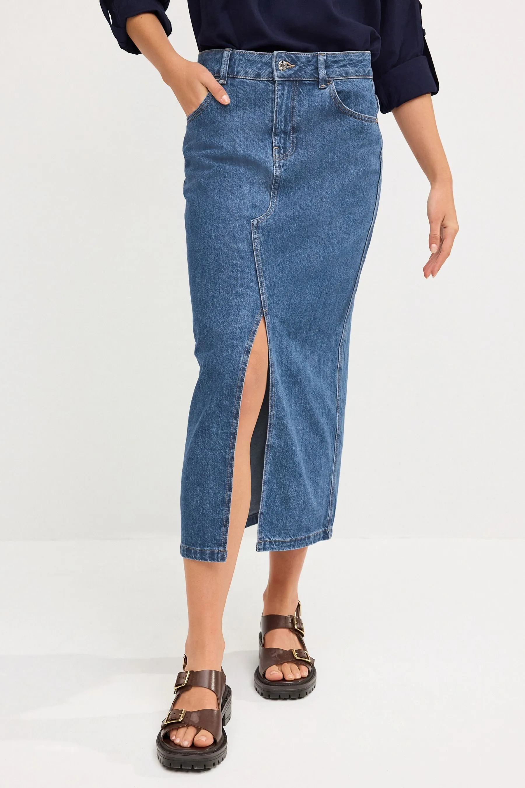 Blu medio  - Gonna midi Denim con spacco frontale