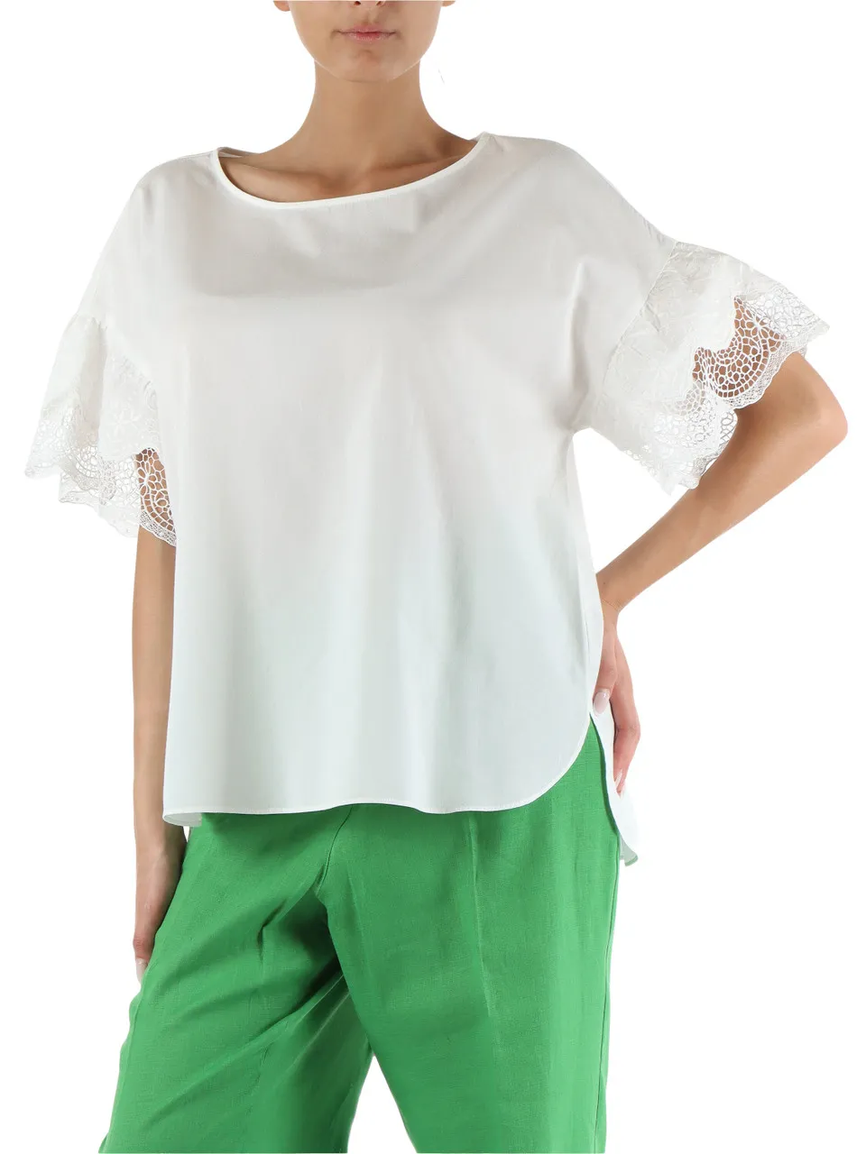 Blusa in cotone con inserti in pizzo