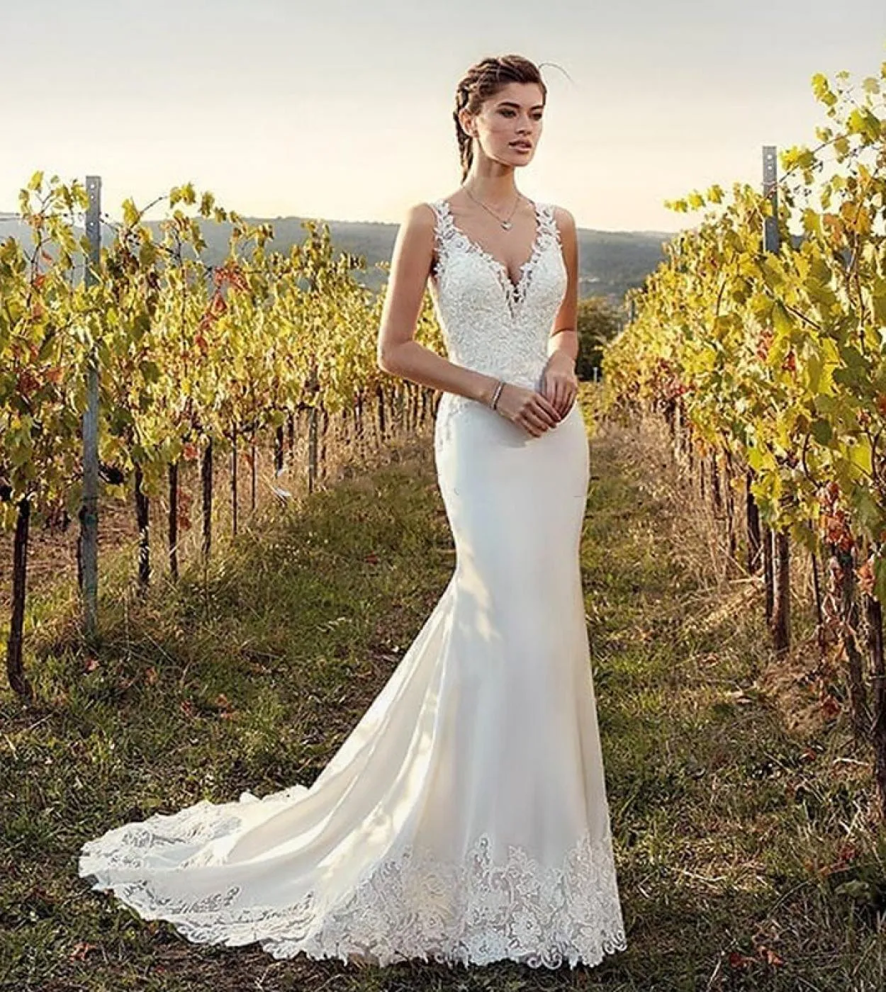 Boho Abito da sposa a sirena 2023 Donna senza maniche Illusion Applique Pizzo Bottoni in chiffon Scollo a V Abito da sposa Robe