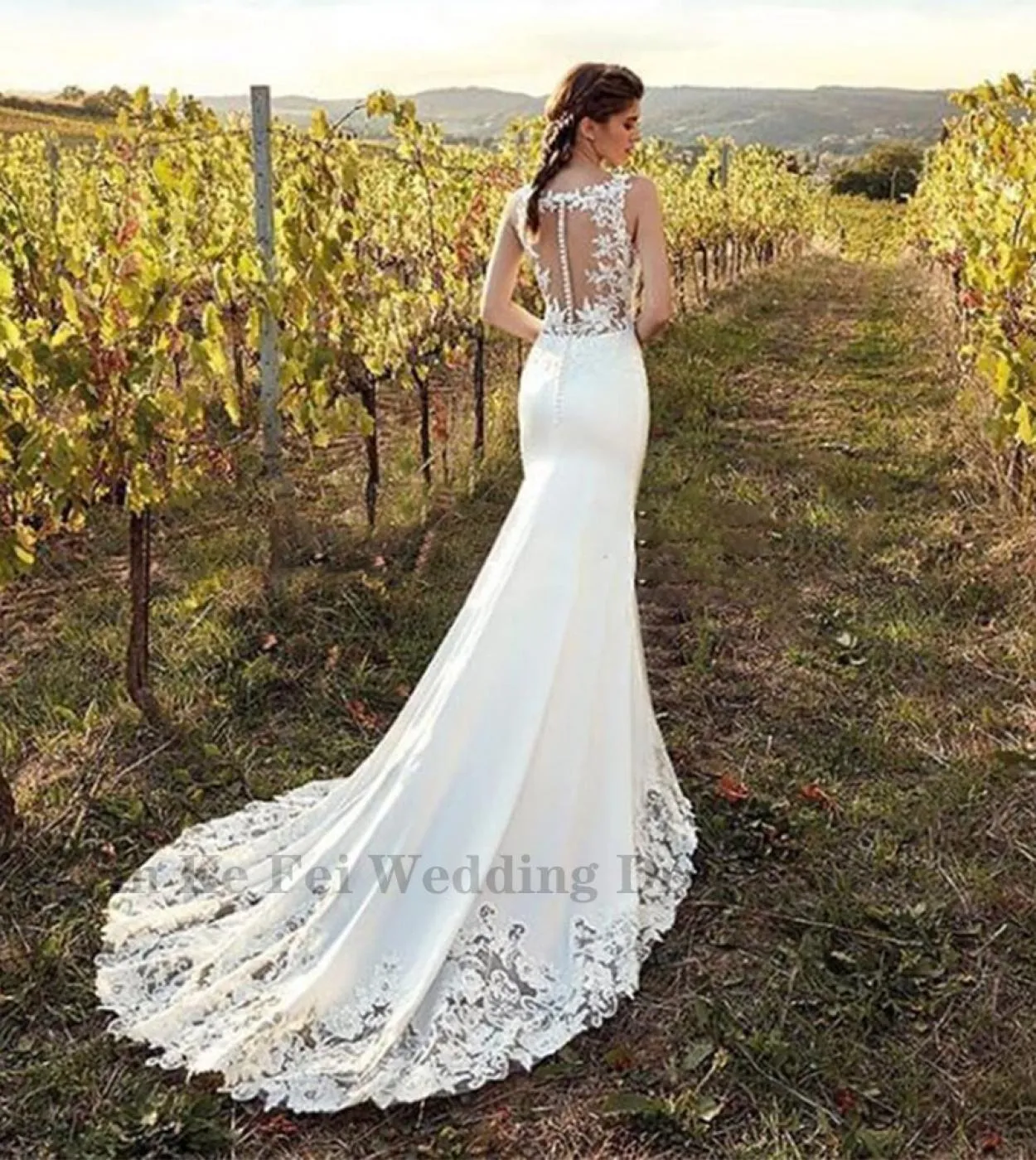 Boho Abito da sposa a sirena 2023 Donna senza maniche Illusion Applique Pizzo Bottoni in chiffon Scollo a V Abito da sposa Robe
