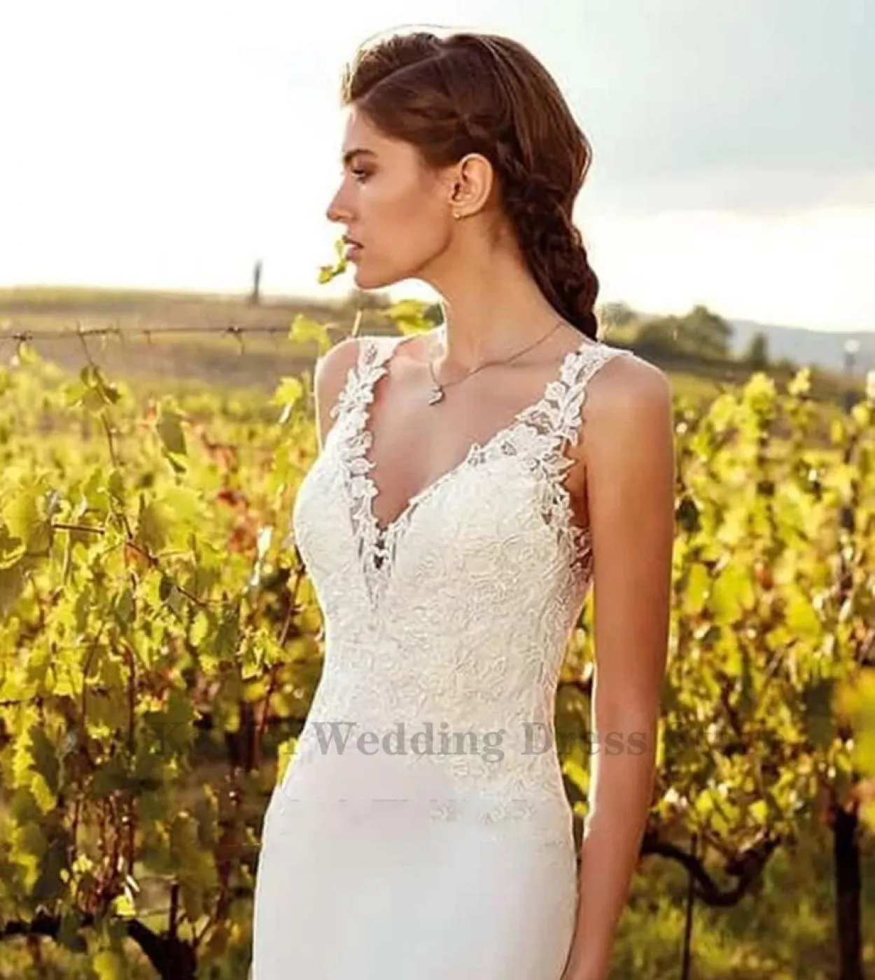 Boho Abito da sposa a sirena 2023 Donna senza maniche Illusion Applique Pizzo Bottoni in chiffon Scollo a V Abito da sposa Robe