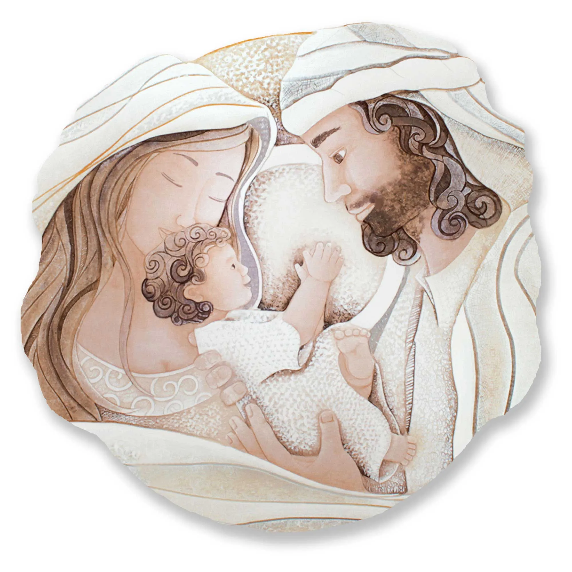 Cartapietra  Capezzale rotondo sacra famiglia con bassorilievo dipinto a mano retro in legno Dono