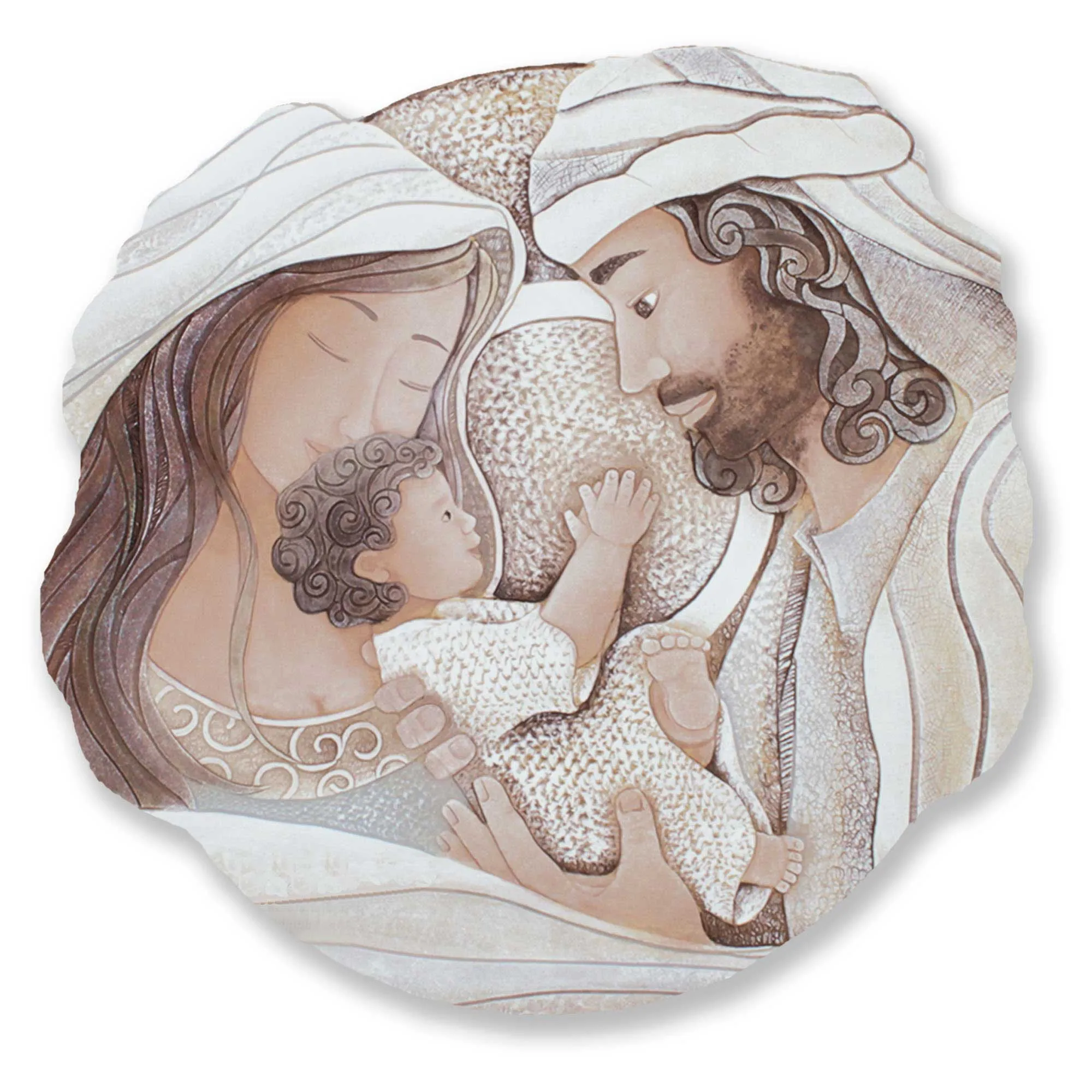 Cartapietra  Capezzale rotondo sacra famiglia con bassorilievo dipinto a mano retro in legno Dono