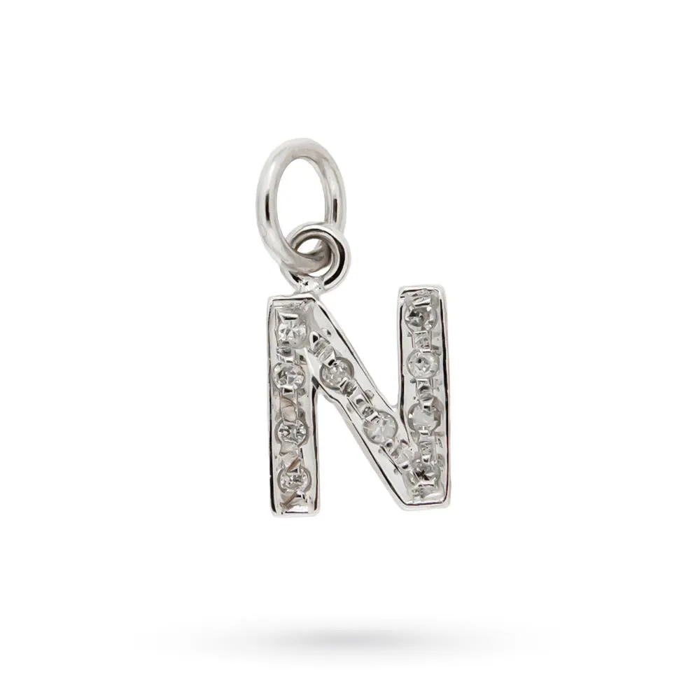 Ciondolo lettera N stampatello oro bianco 18kt diamanti 0,05ct