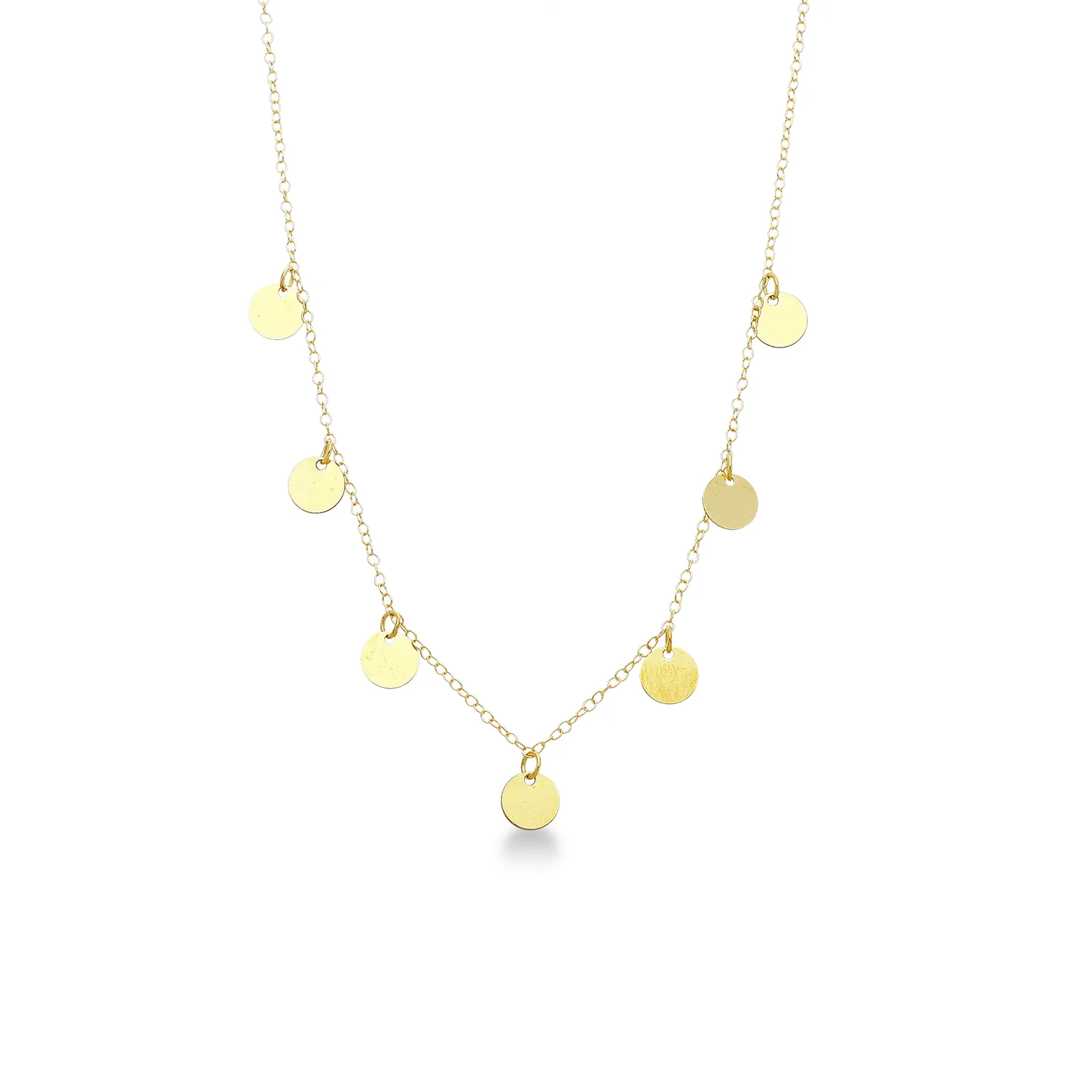 Collana in oro giallo 18k con sette charms a tondino, cm 38+2 cm.