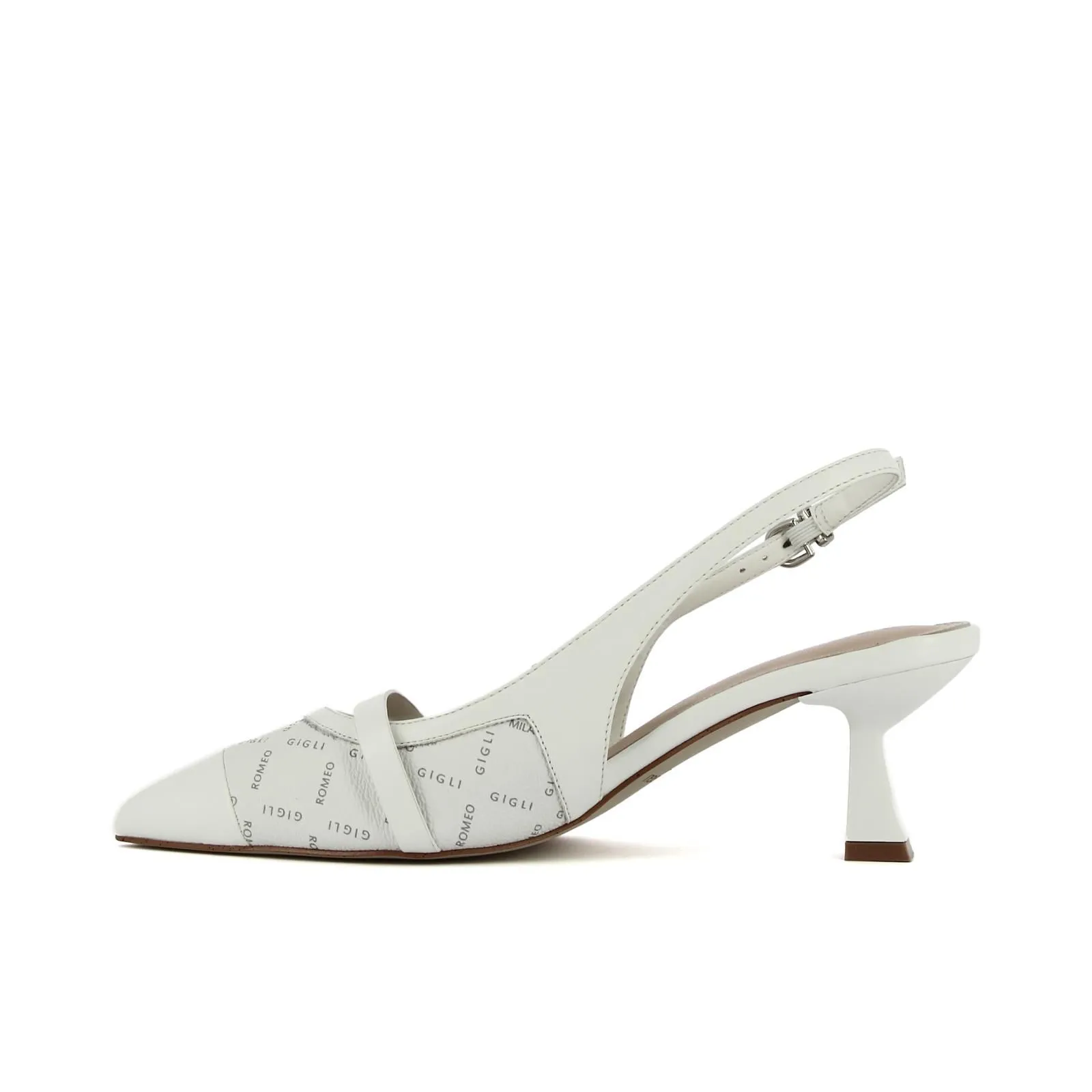 Decolletè bianche slingback a punta con tacco basso a rocchetto