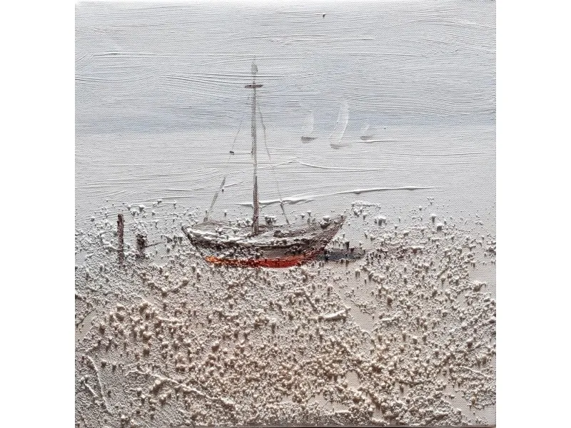 Dipinto su tela soggetto barca rossa sulla spiaggia 30 x 30 cm