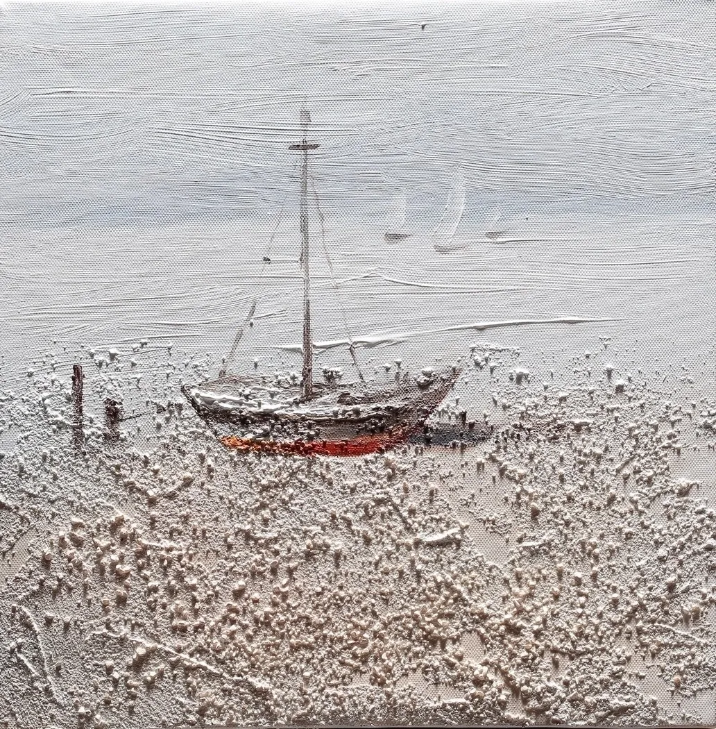 Dipinto su tela soggetto barca rossa sulla spiaggia 30 x 30 cm