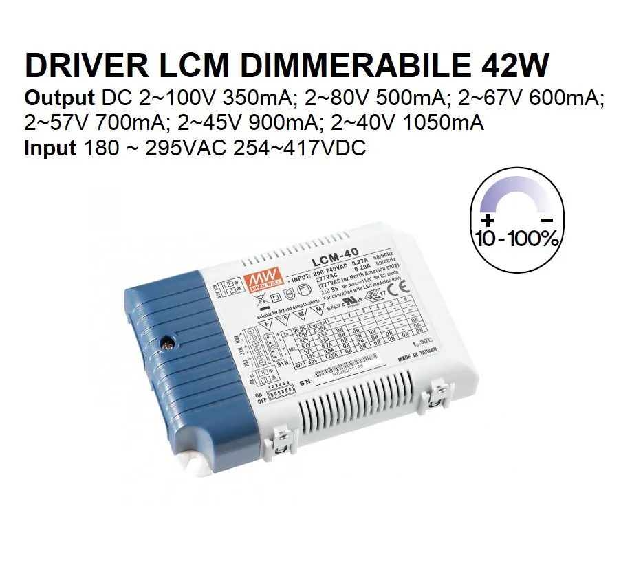 Driver MW LCM Dimmerabile 42w Output DC2-100V 350mA Input AC180-295V DC254-417V