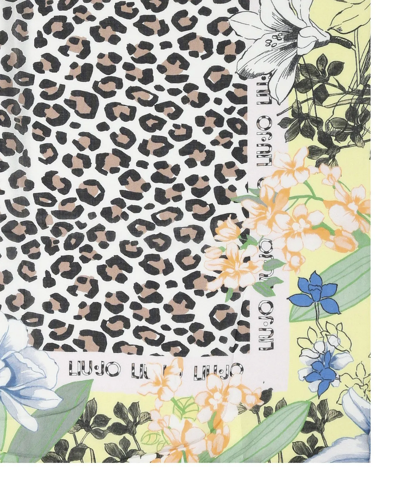 Foulard a fantasia animalier con riquadro a fantasia floreale lime e azzurra