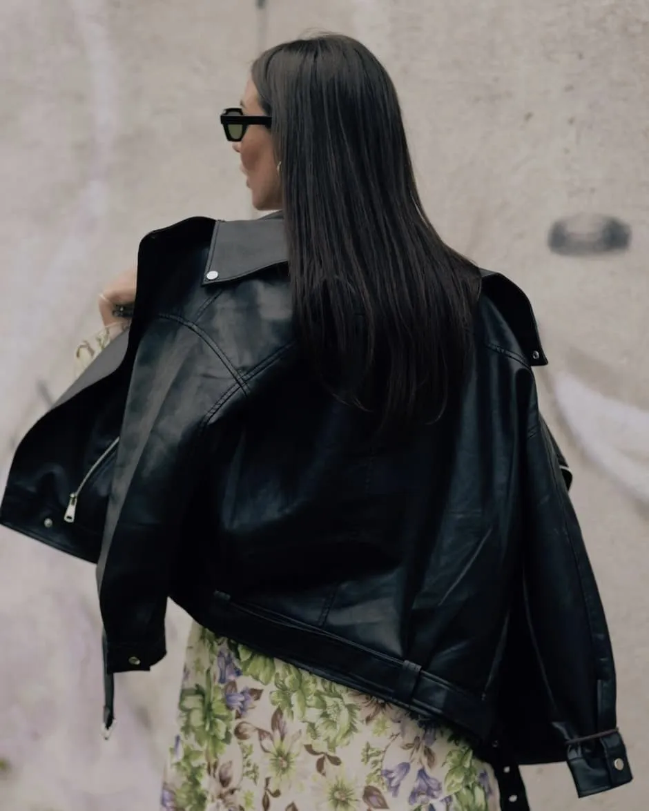 Giacca di pelle oversize - NERO