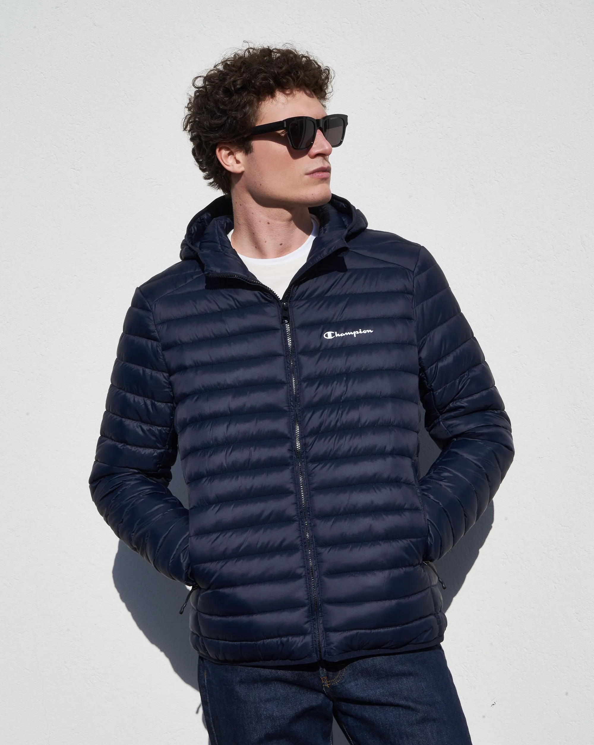Giacca Imbottita Con Cappuccio E Logo Blu Uomo