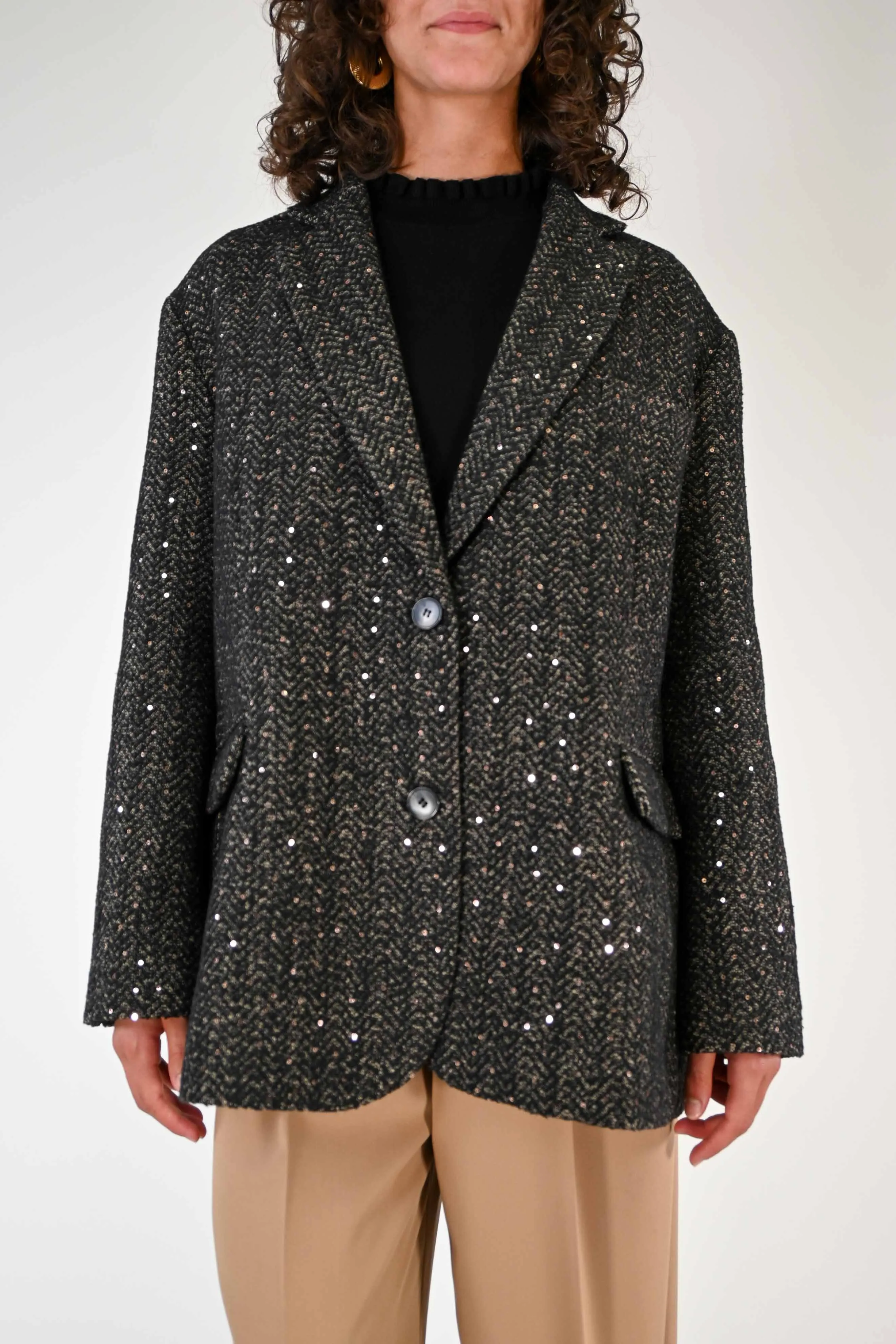 GIACCA OVER CON PAILLETTES FANTASIA SPINATA NERO/BEIGE