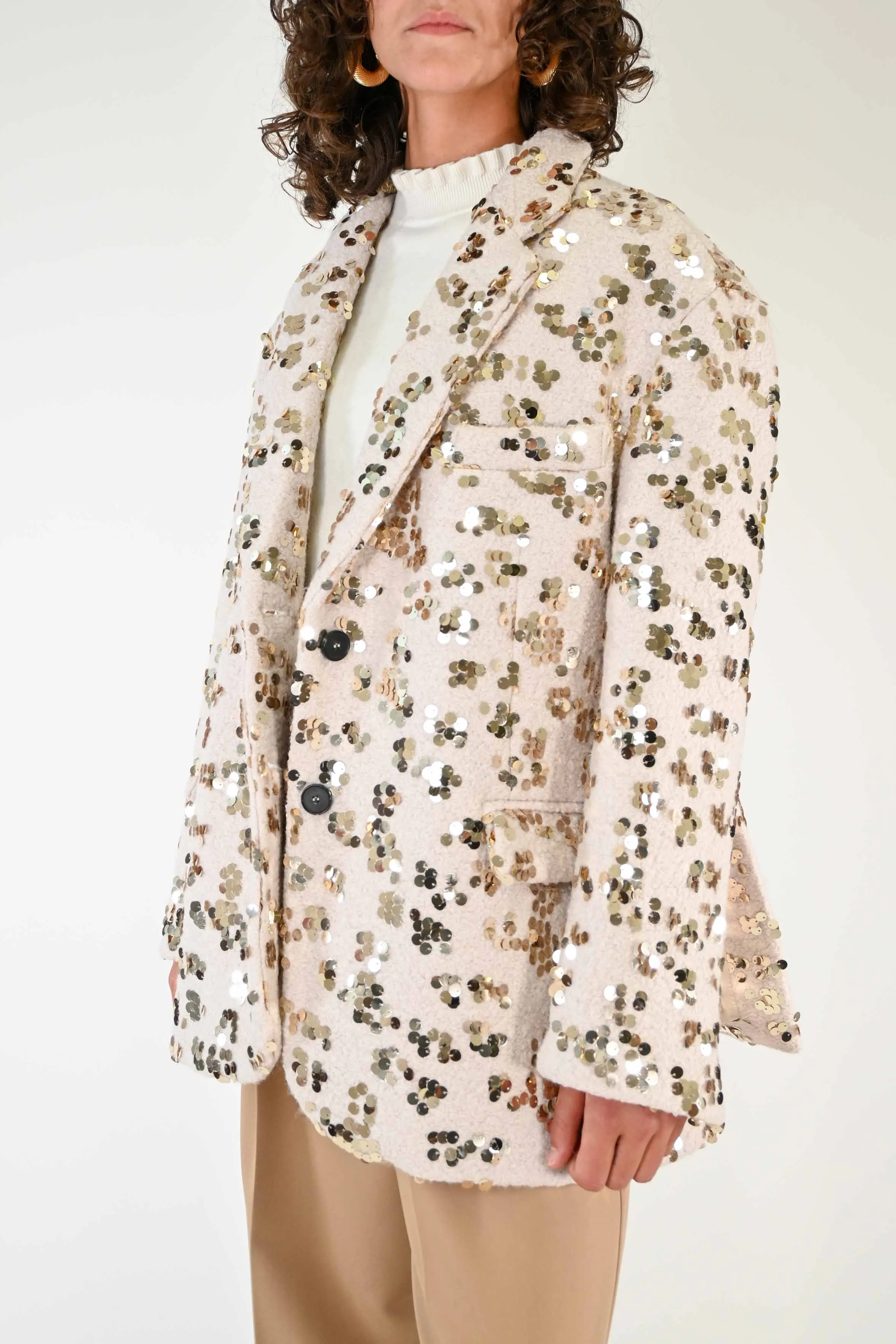 GIACCA OVER IN LANA BURRO CON PAILLETTES ORO