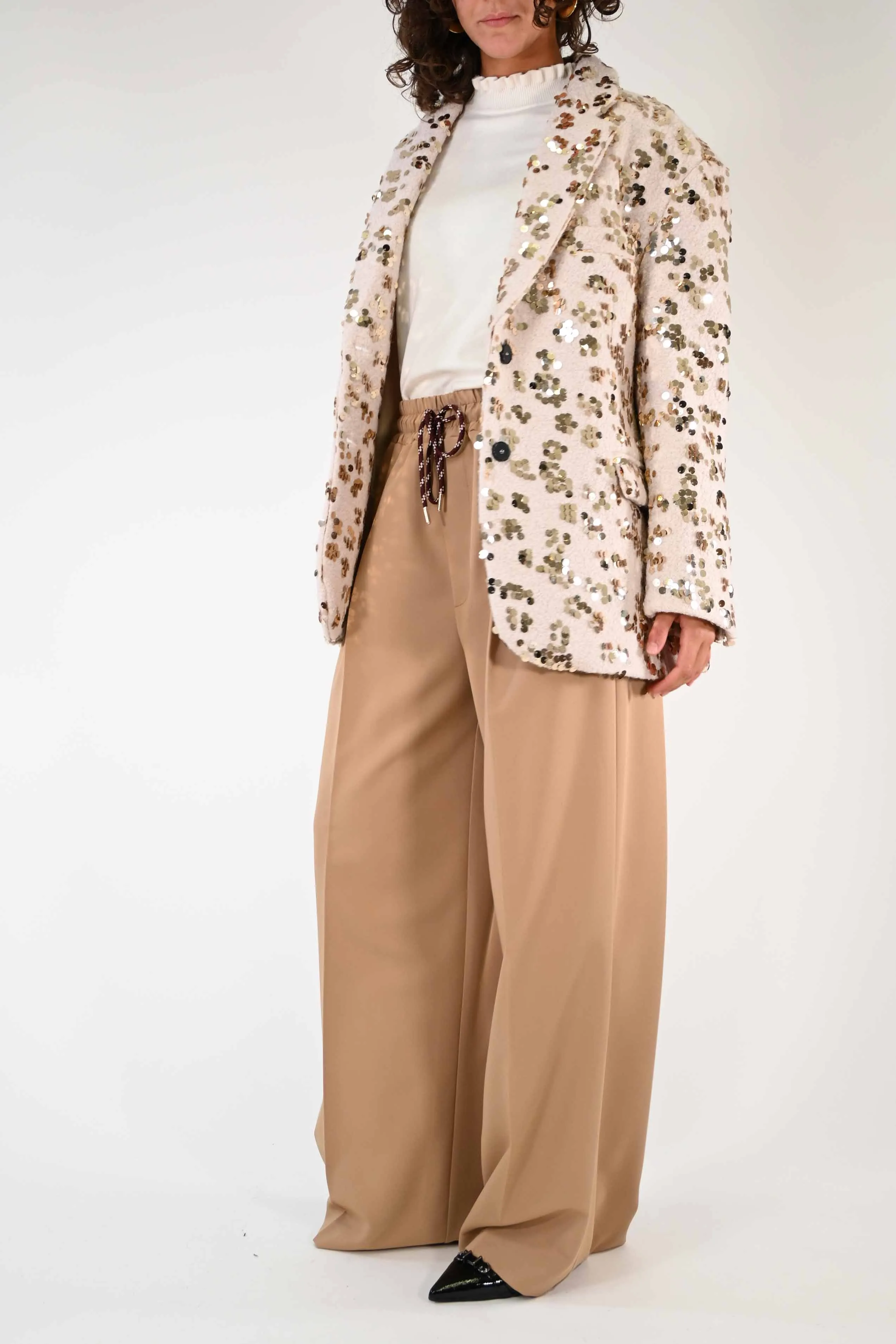 GIACCA OVER IN LANA BURRO CON PAILLETTES ORO