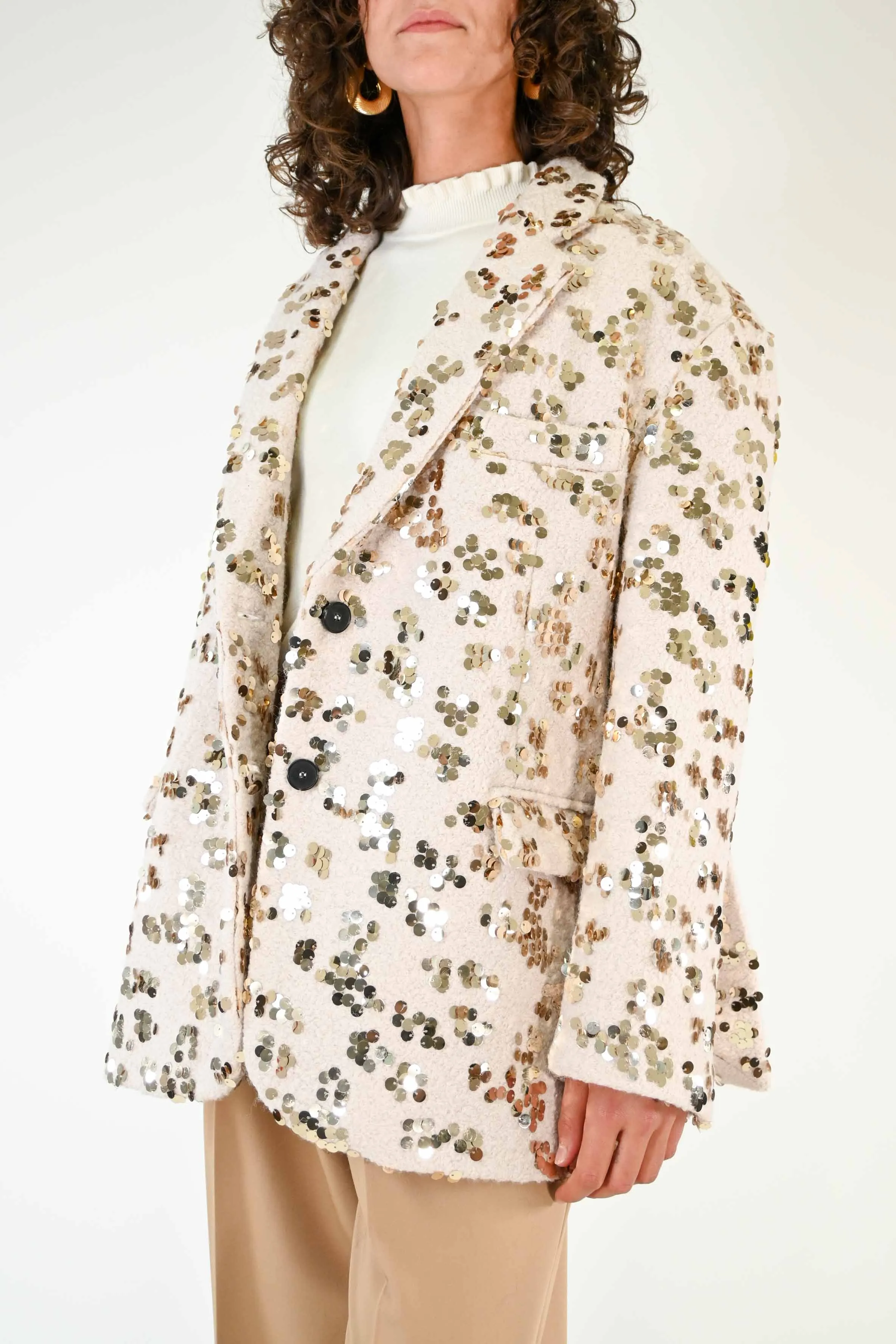 GIACCA OVER IN LANA BURRO CON PAILLETTES ORO