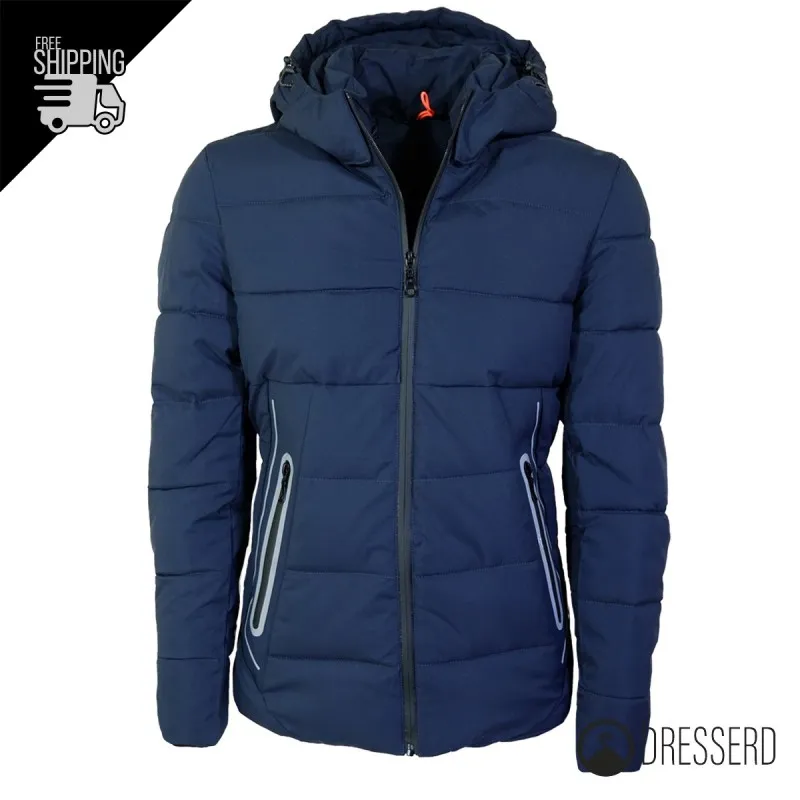 Giubbotto Uomo con Cappuccio Smontabile modello invernale, giubbino blu e nero Dresserd