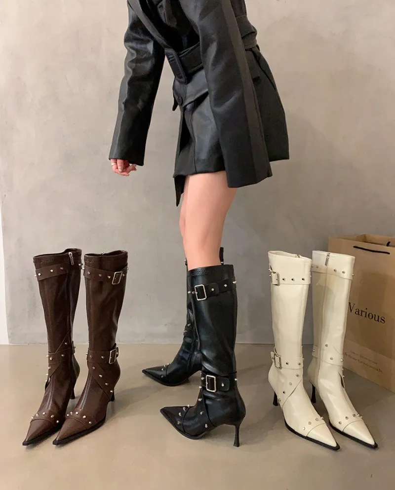 High-heeled Pointed Toe Rivets Western Cowboy Boots Women's Shoes Autumn And Winter Belt Buckle Slim Retro Boots