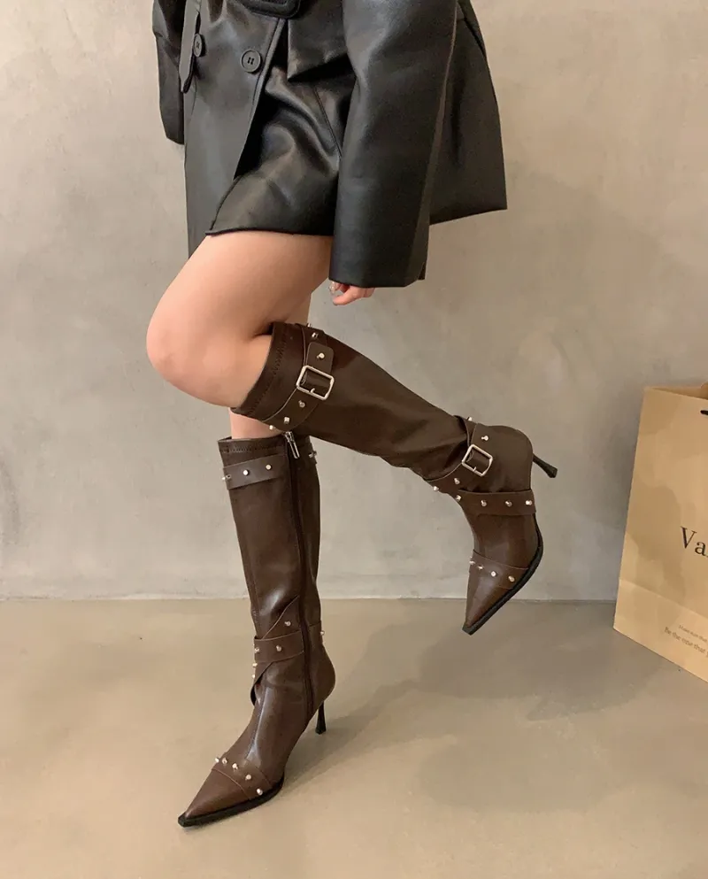 High-heeled Pointed Toe Rivets Western Cowboy Boots Women's Shoes Autumn And Winter Belt Buckle Slim Retro Boots