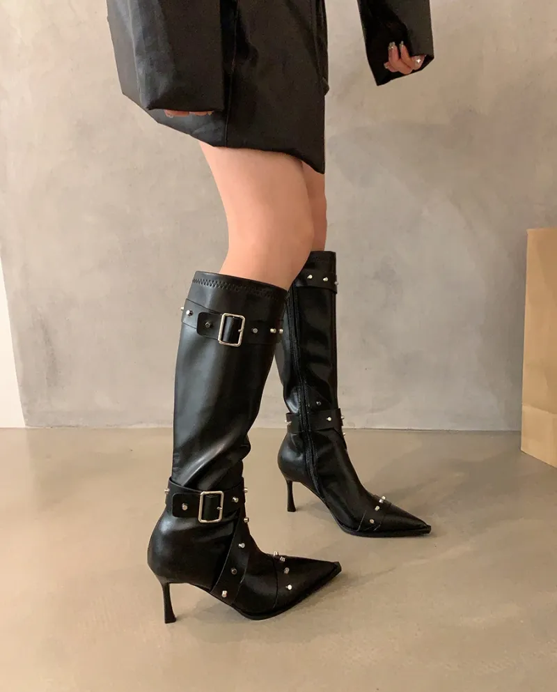 High-heeled Pointed Toe Rivets Western Cowboy Boots Women's Shoes Autumn And Winter Belt Buckle Slim Retro Boots