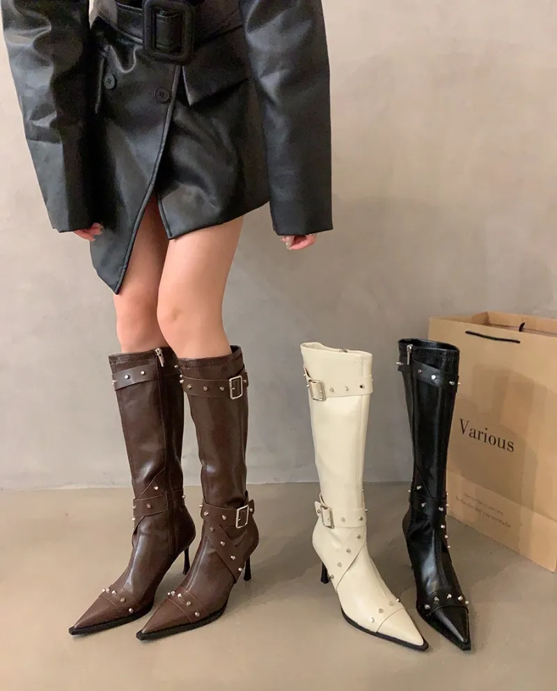 High-heeled Pointed Toe Rivets Western Cowboy Boots Women's Shoes Autumn And Winter Belt Buckle Slim Retro Boots