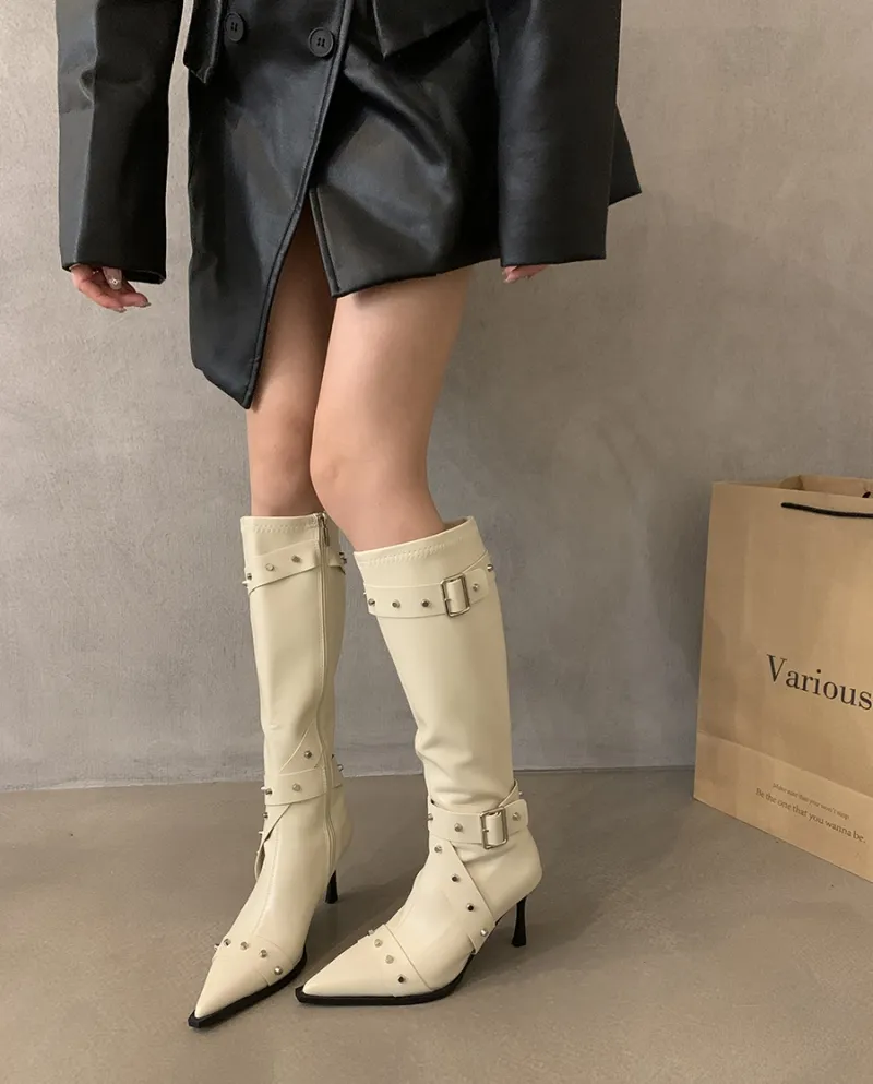 High-heeled Pointed Toe Rivets Western Cowboy Boots Women's Shoes Autumn And Winter Belt Buckle Slim Retro Boots