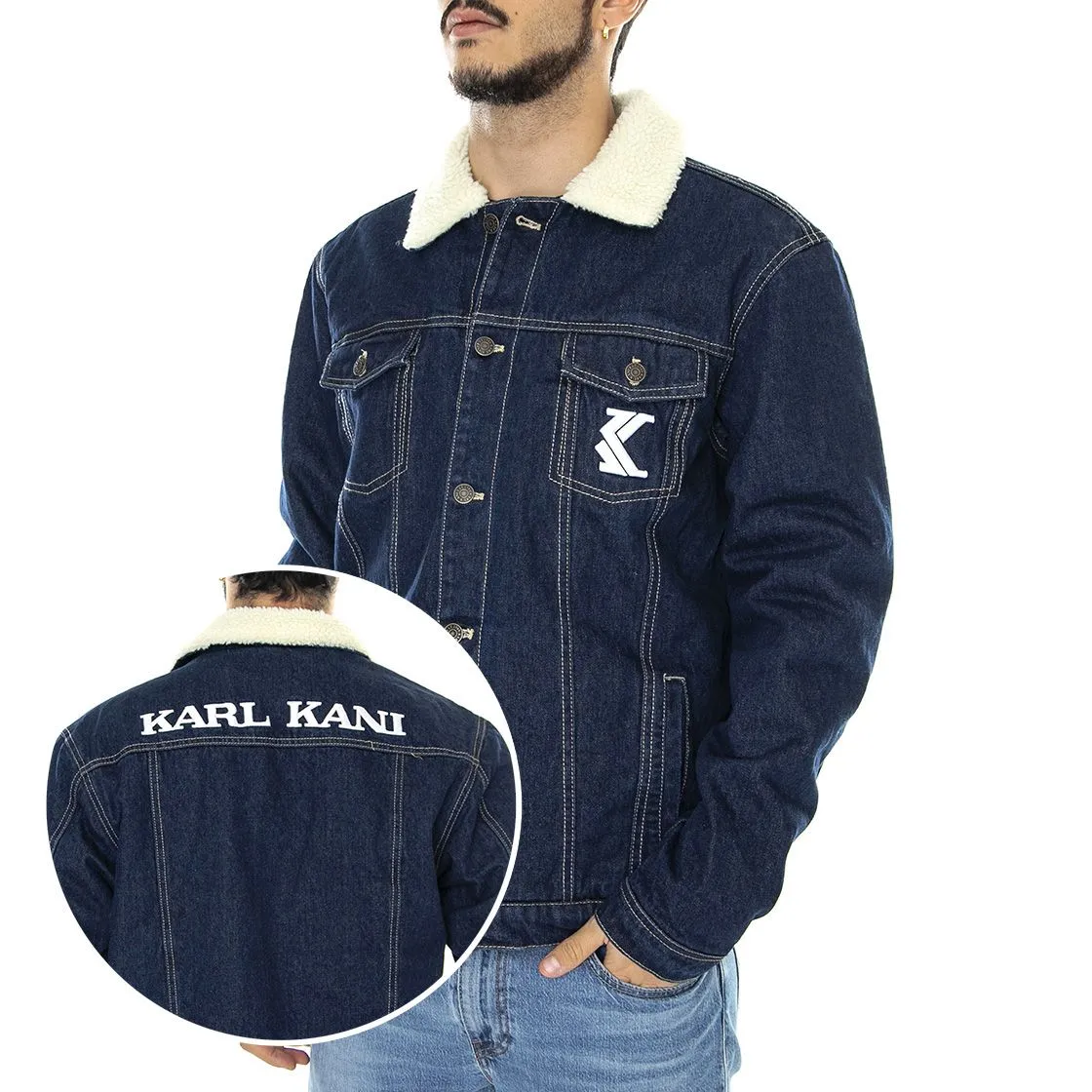 Karl Kani Retro Rinsed - Giacca Invernale Uomo Denim Jeans Blu Scuro    