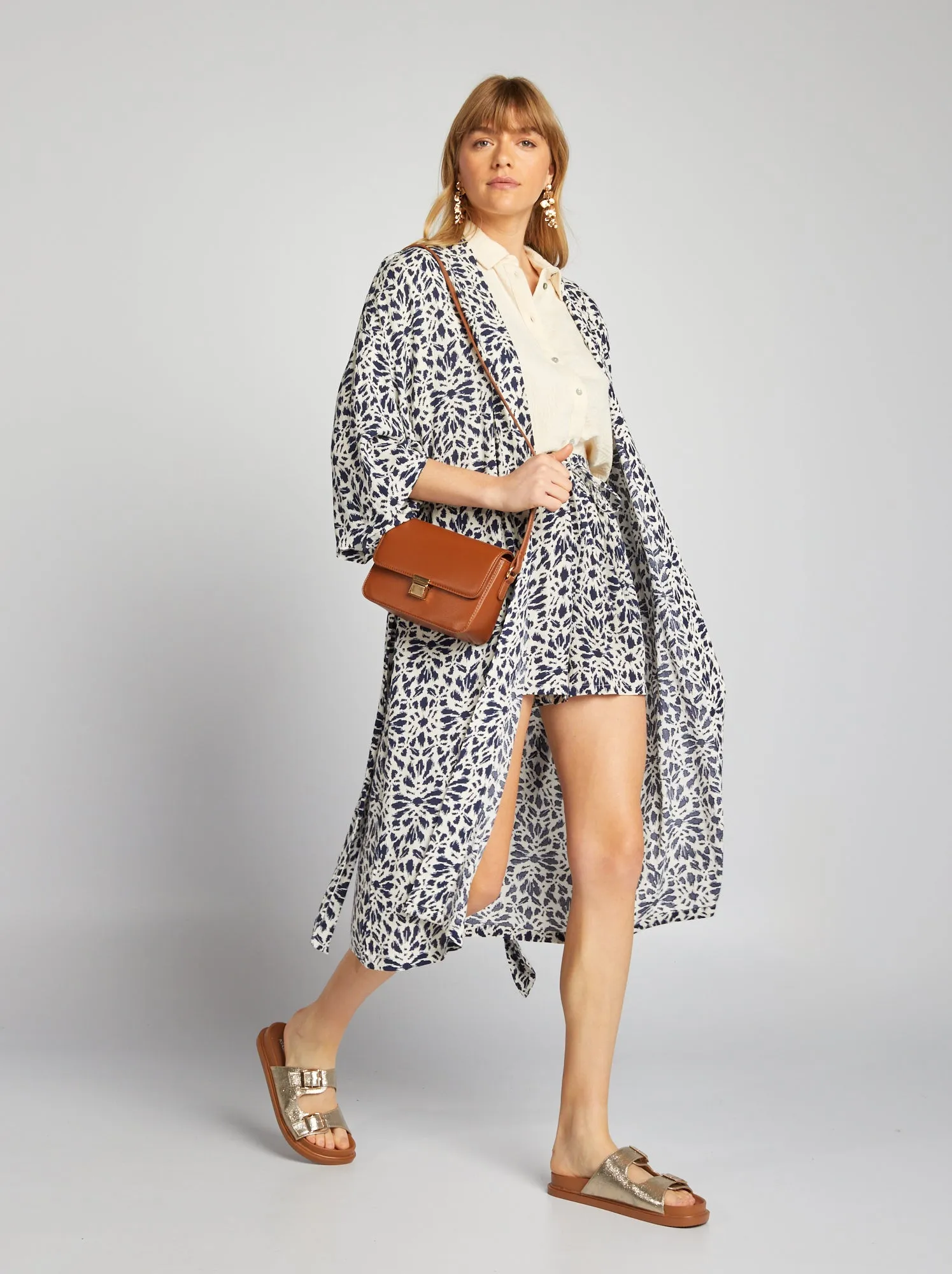 Kimono stampato con cintura - BLU