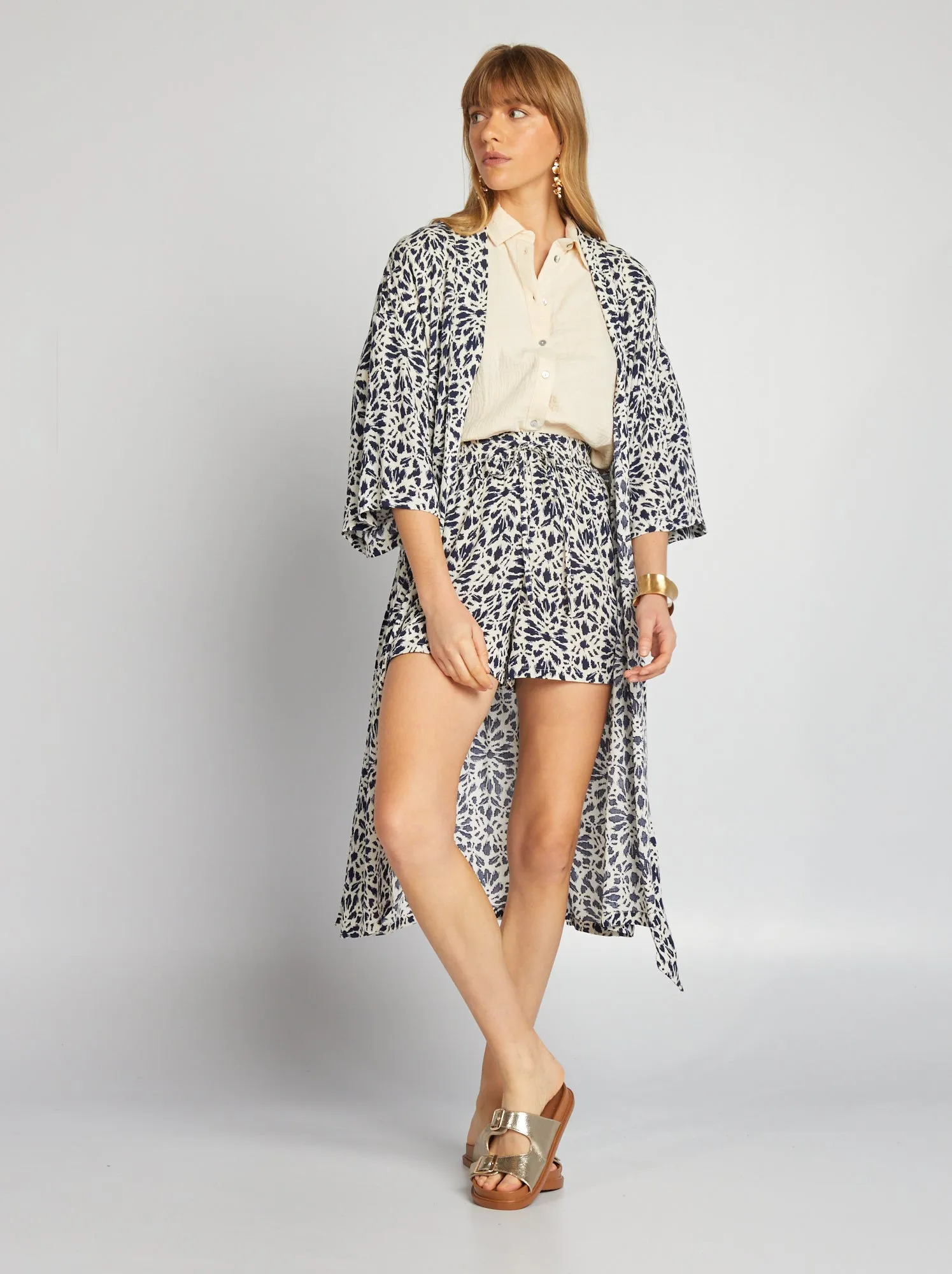 Kimono stampato con cintura - BLU