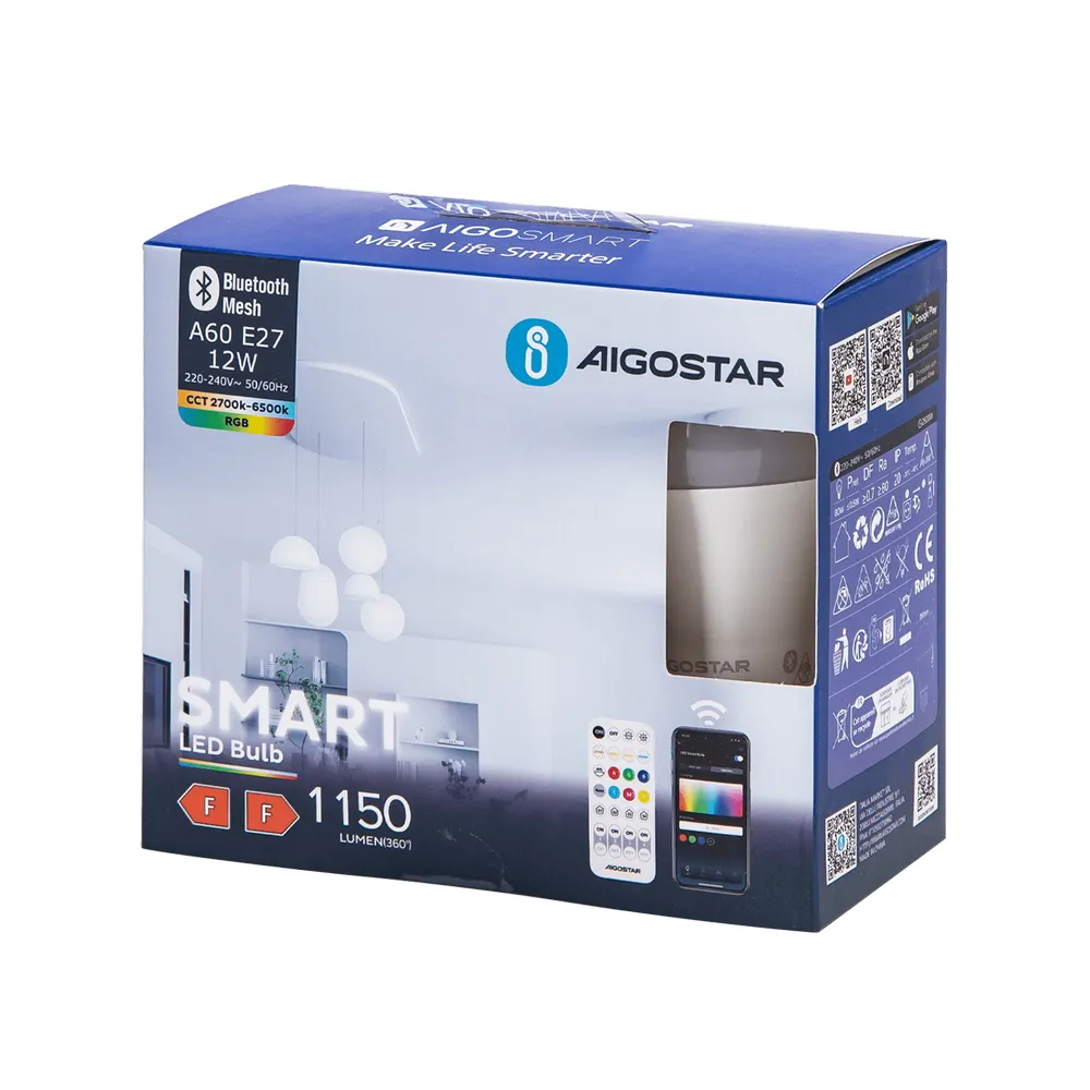 Lampadina Led Smart A60 E27 12W WiFi Bluetooth Mesh RGB CCT luce regolabile e dimmerabile confezione da 2pz Aigostar
