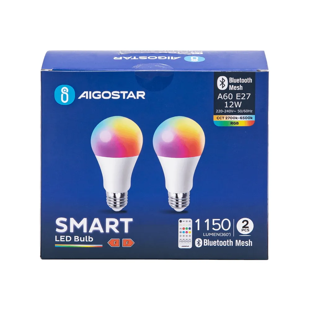 Lampadina Led Smart A60 E27 12W WiFi Bluetooth Mesh RGB CCT luce regolabile e dimmerabile confezione da 2pz Aigostar