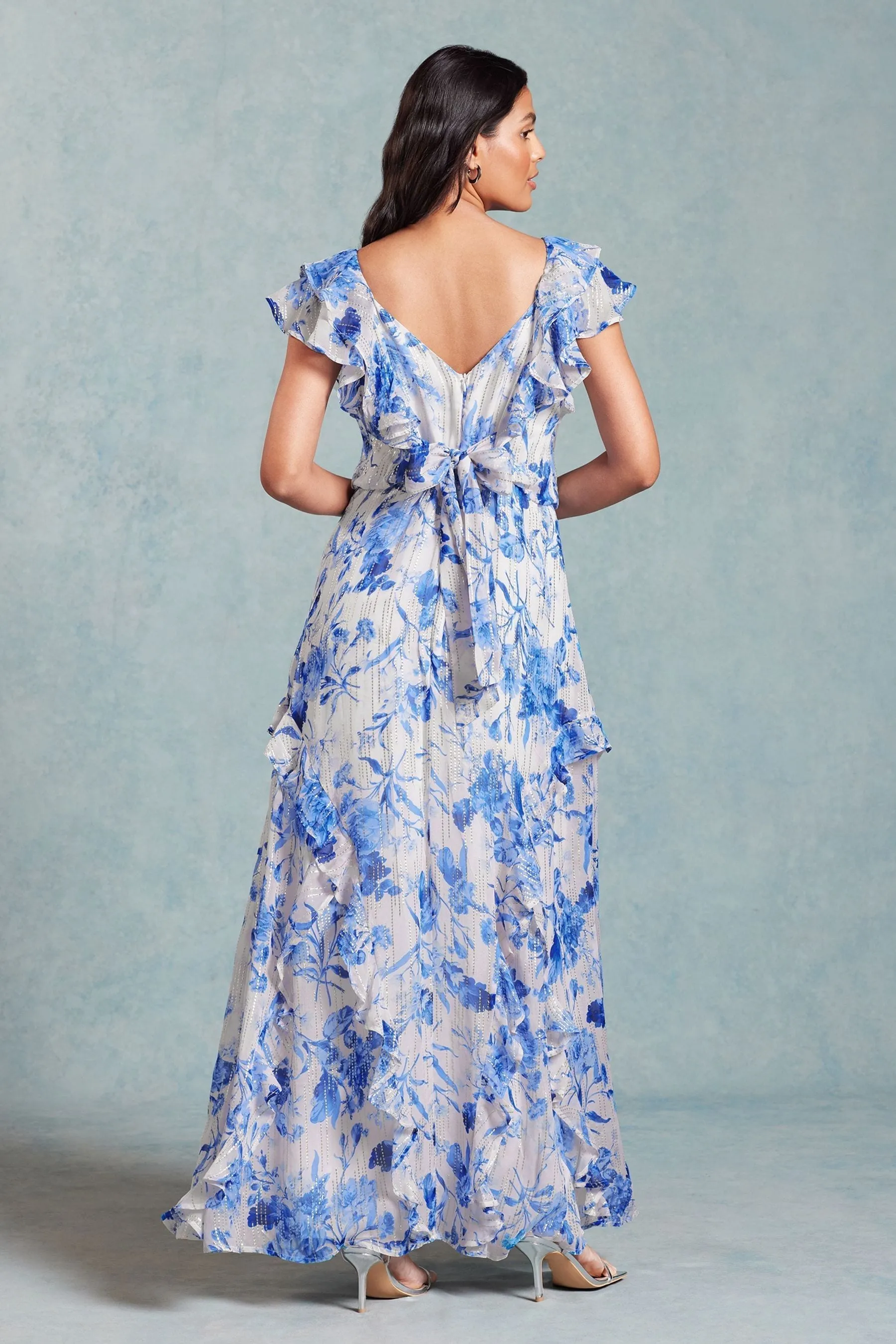 Love & Roses - Abito maxi Dettagli metallizzati Ruches stampato con Dettagli metallizzati Ruches e allacciatura sul retro