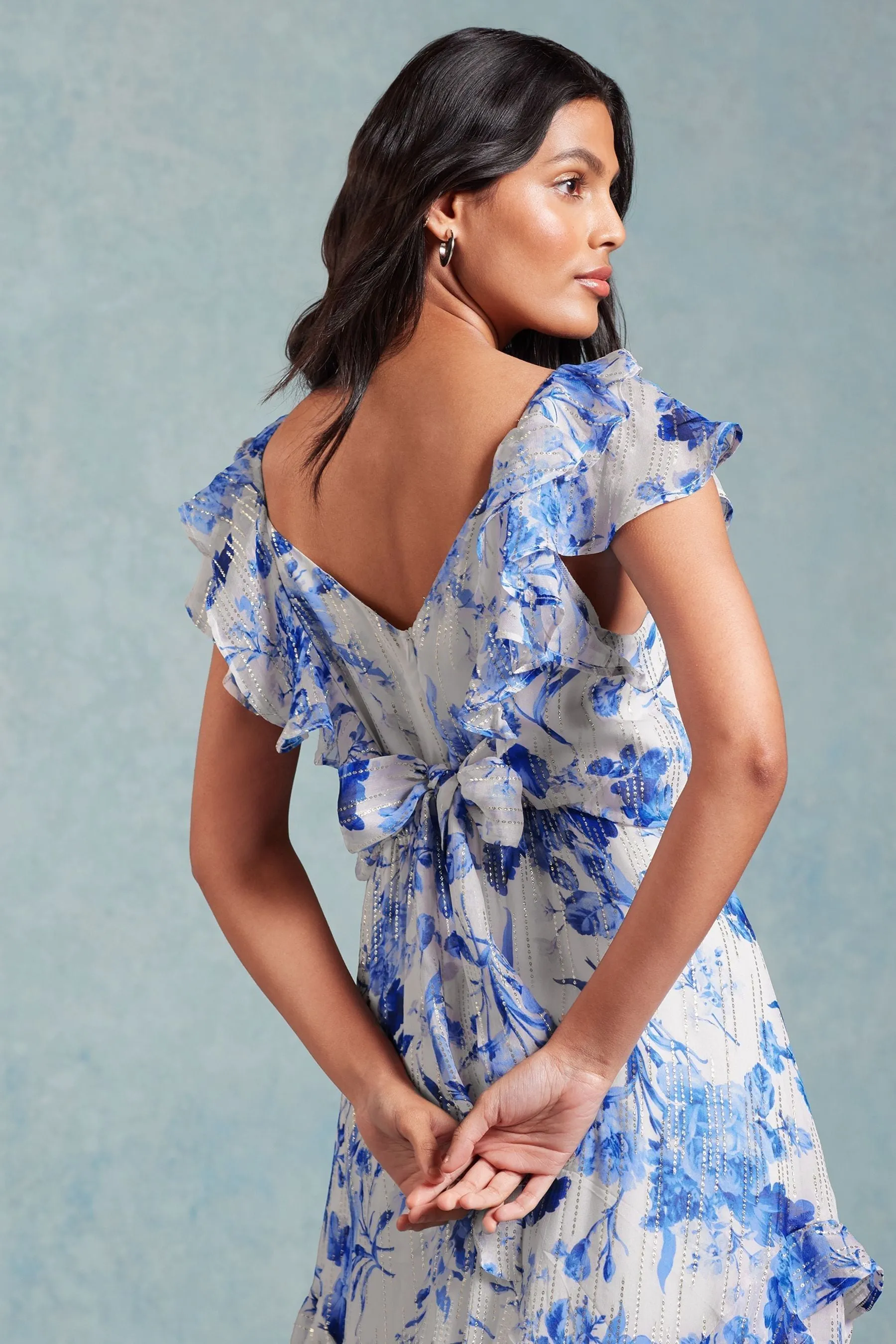Love & Roses - Abito maxi Dettagli metallizzati Ruches stampato con Dettagli metallizzati Ruches e allacciatura sul retro