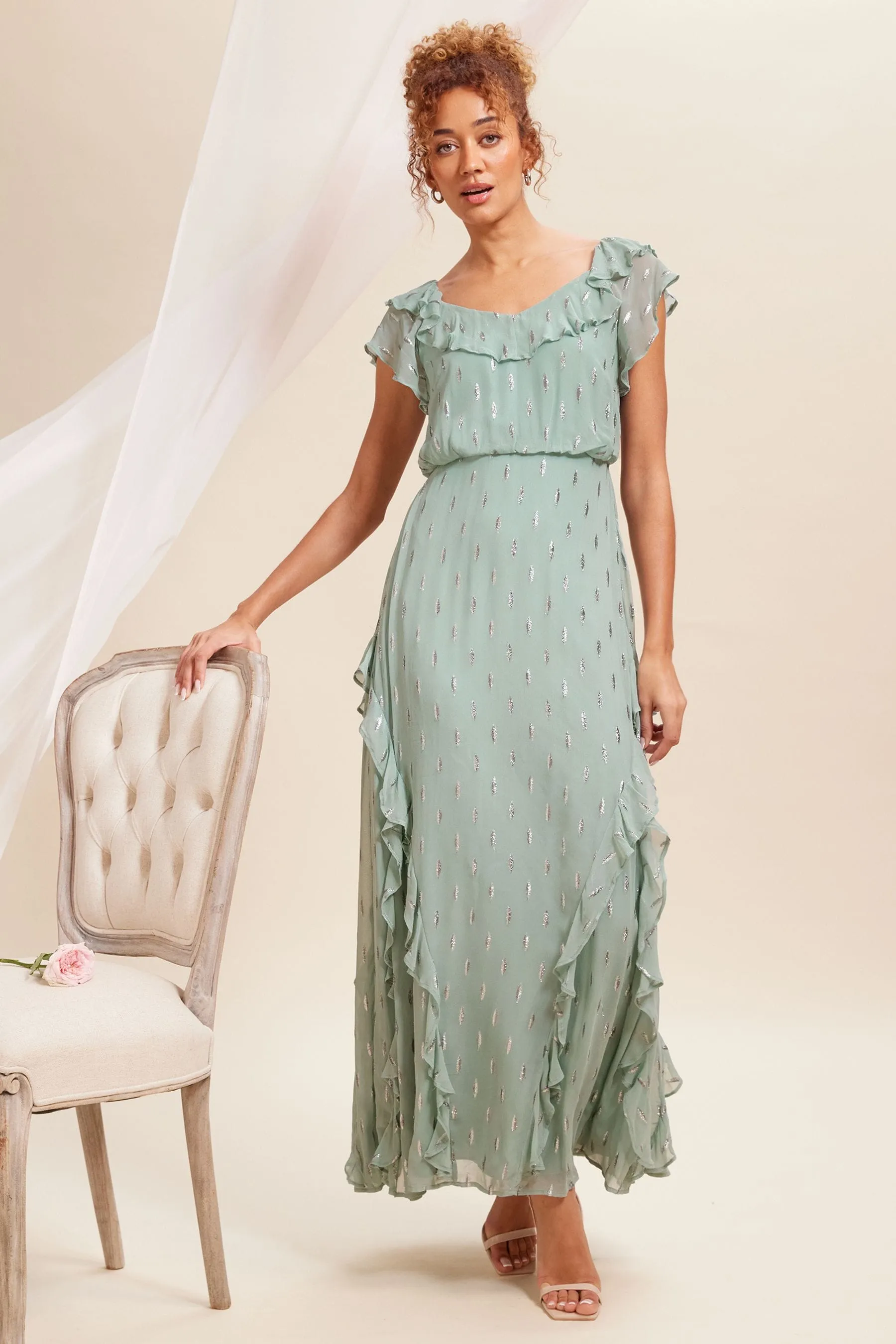 Love & Roses Dettagli metallizzati Ruches - Abito maxi con allacciatura sul retro
