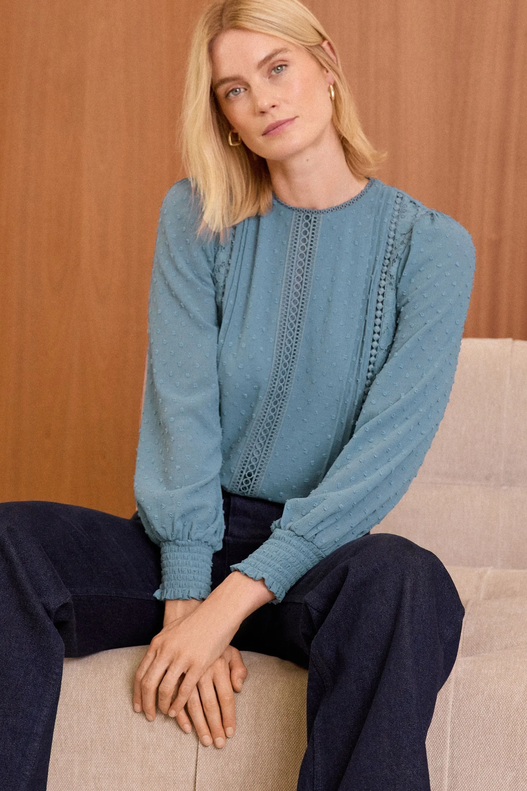 Love & Roses Lace Dobby Crew Neck Long Sleeve Blouse    
