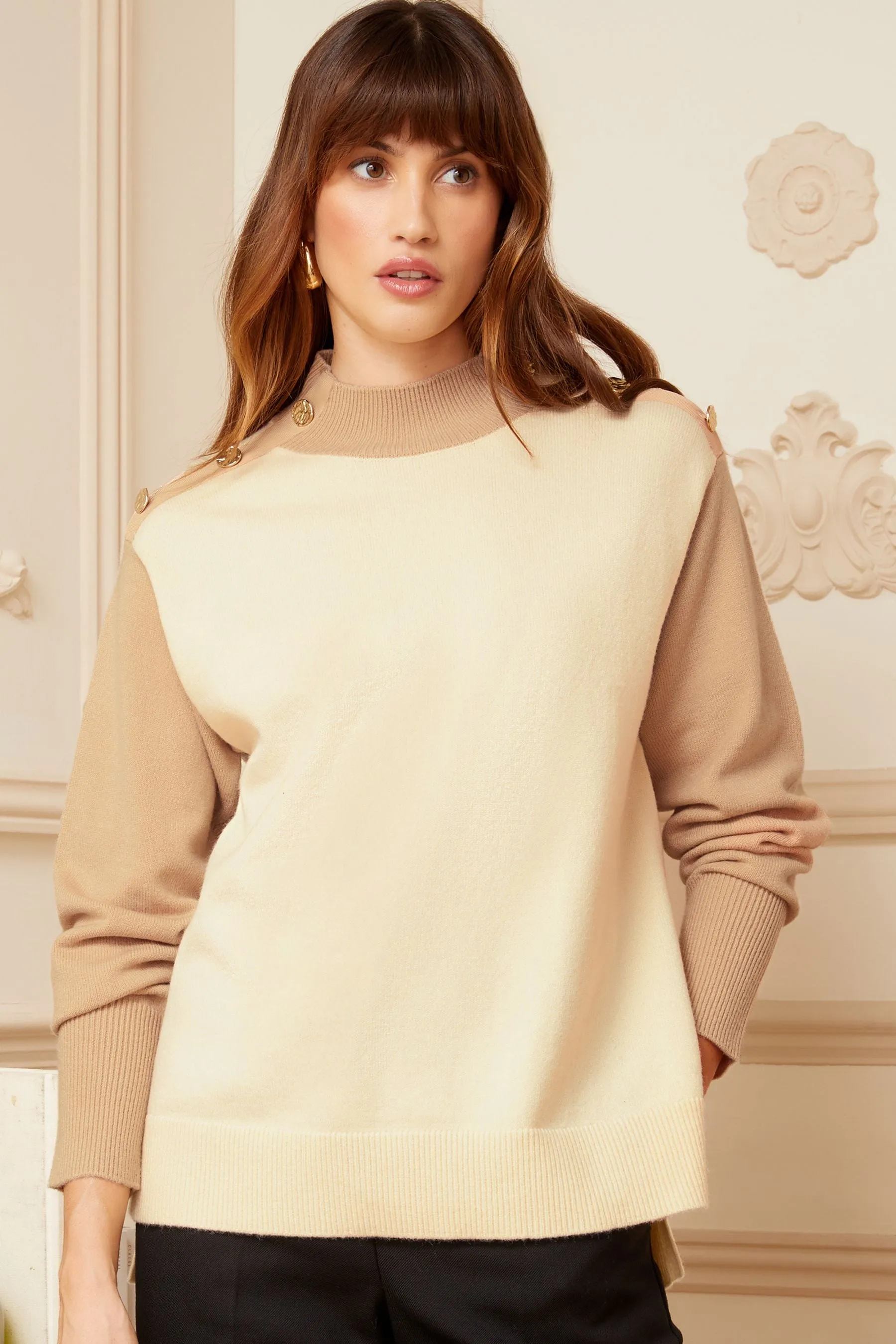 Love & Roses maglia accollata a blocchi di colore con bottoni sulle spalle