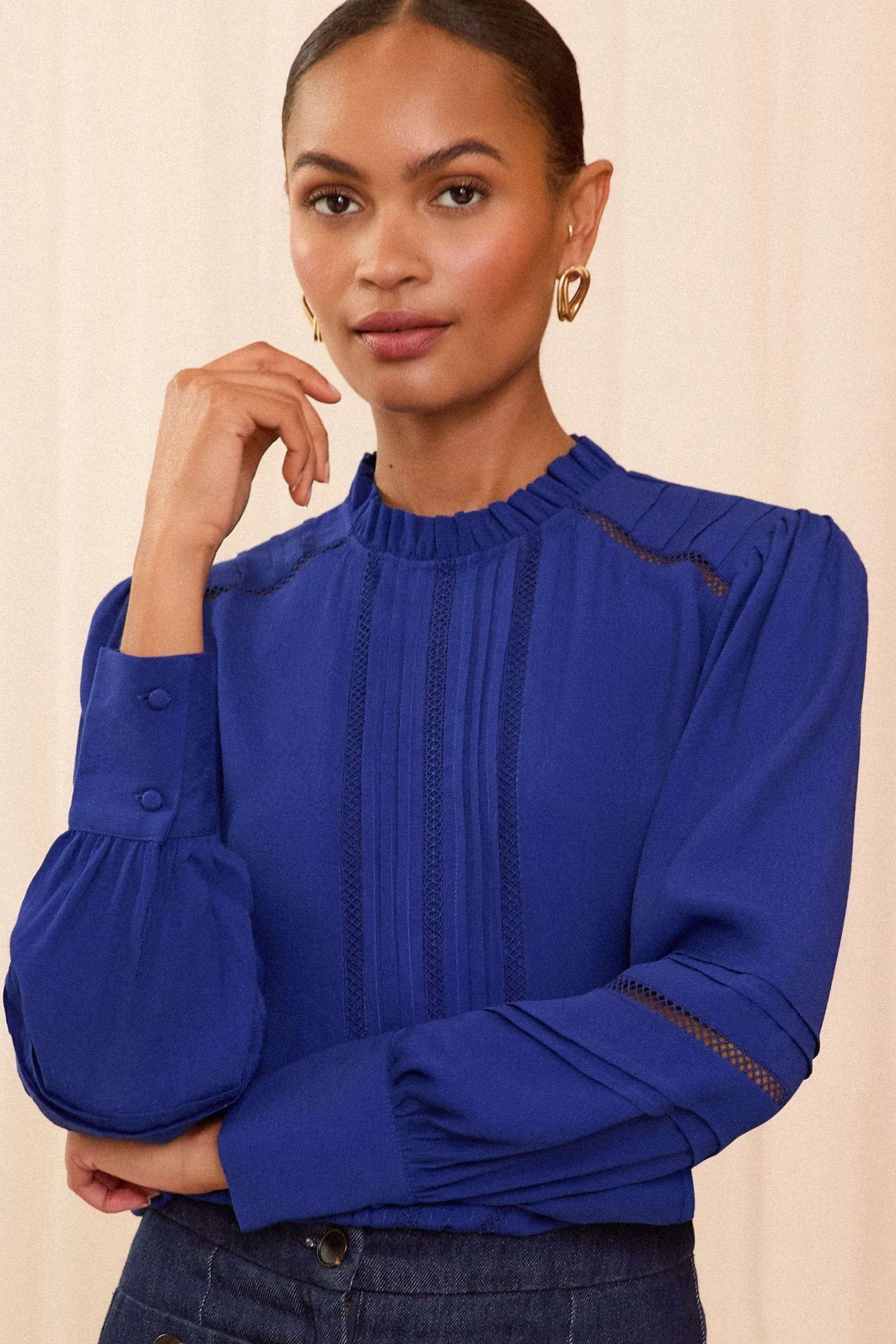 Love & Roses Ruffle Neck Pintuck Detail Long Sleeve Blouse    