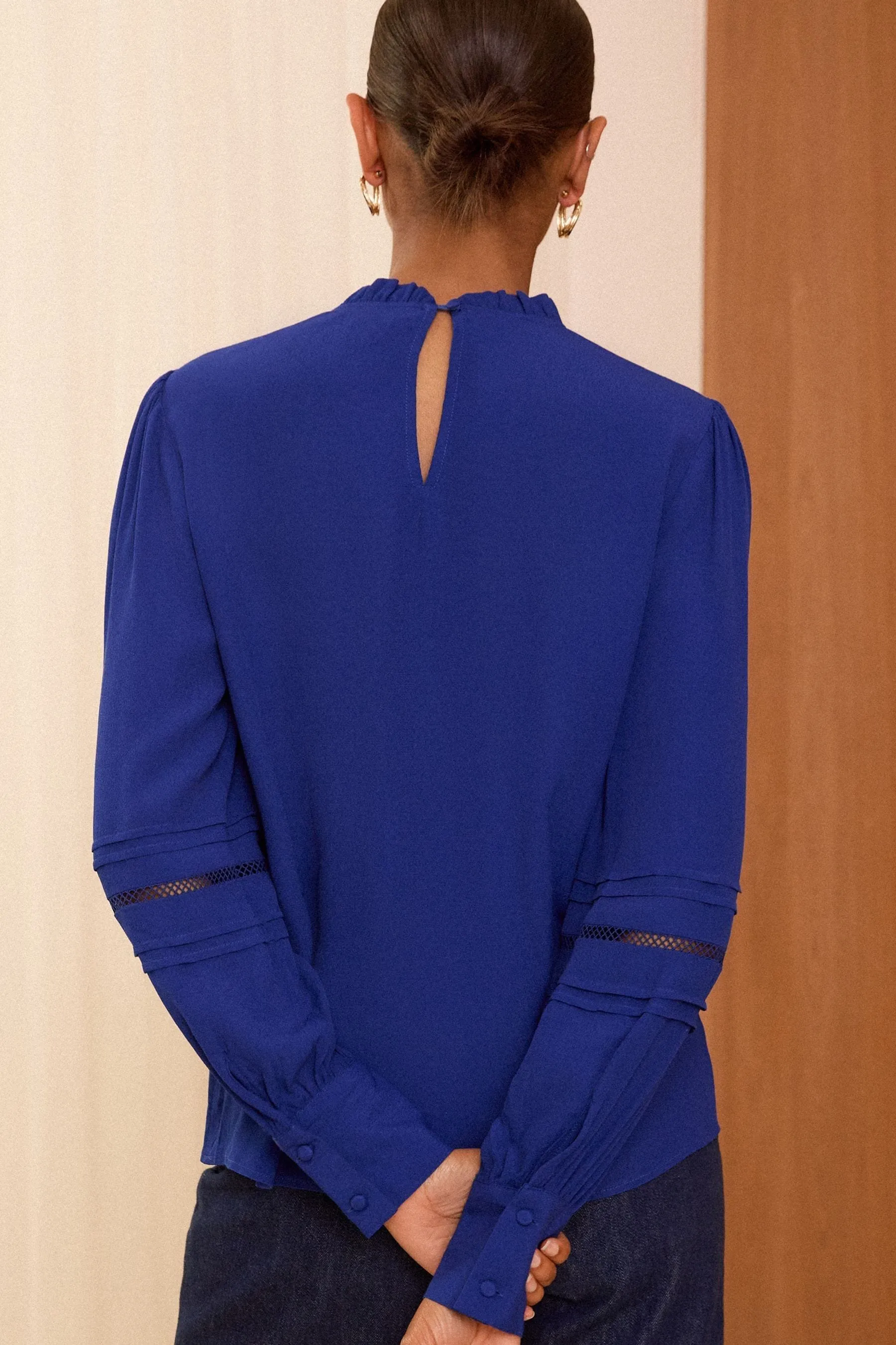 Love & Roses Ruffle Neck Pintuck Detail Long Sleeve Blouse    